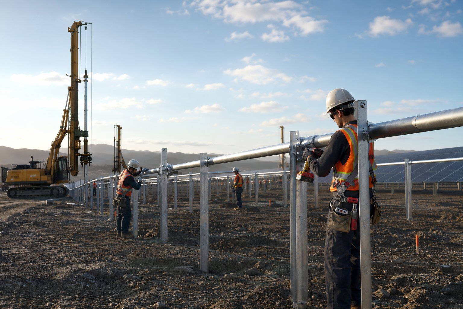 Erect the racking and torque-tube assemblies — Piling & Mounting Structures, step 5