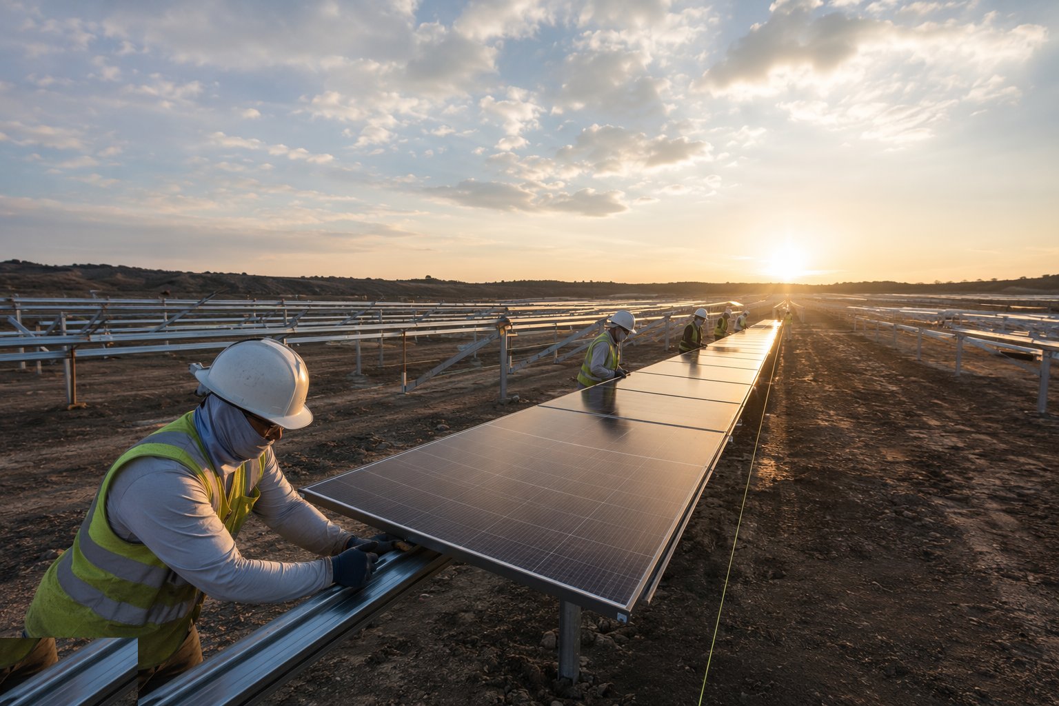 Set out and hang the first-row benchmark — PV Module Installation, step 2