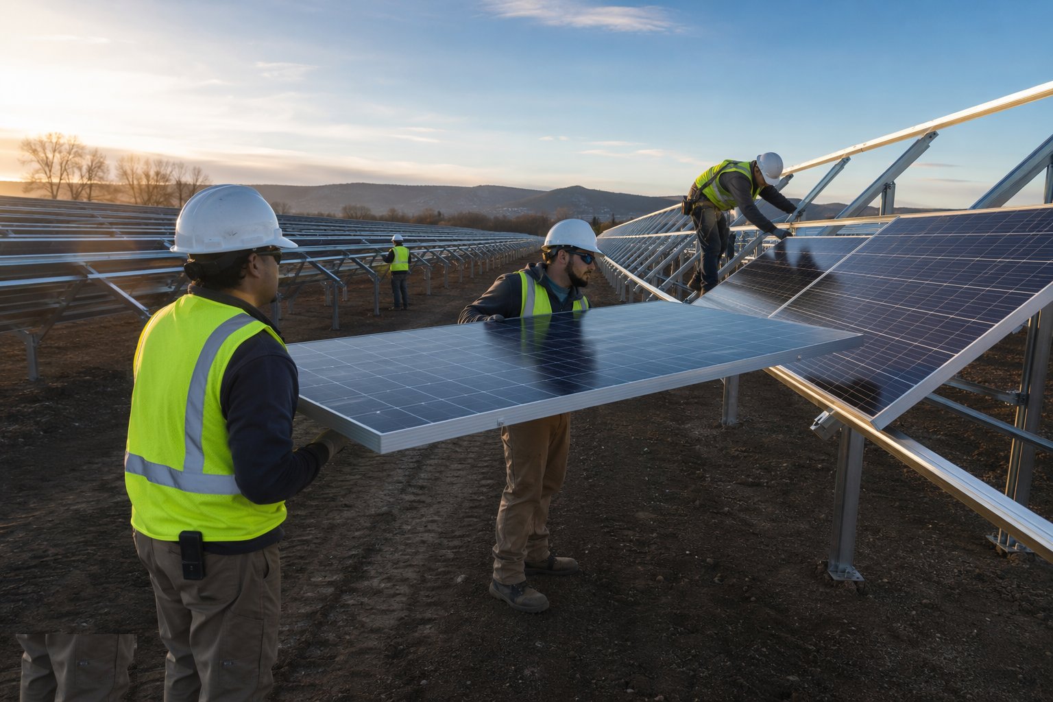 Production hanging with handling discipline — PV Module Installation, step 3