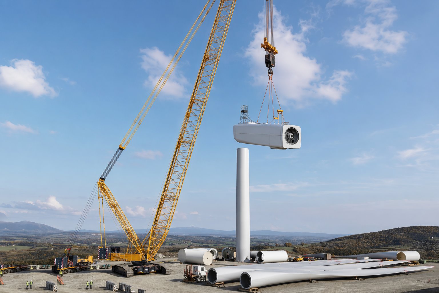 Lift the nacelle and hub — Craneage & Tower Erection, step 5