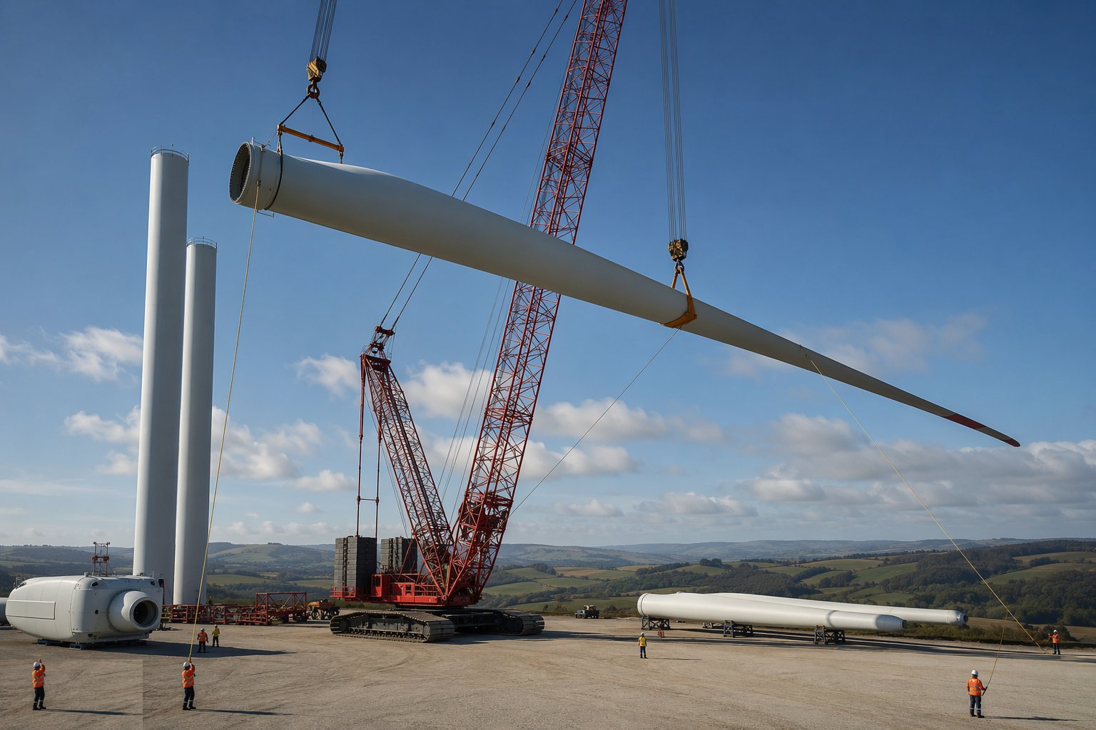 Lift the blades — Craneage & Tower Erection, step 6
