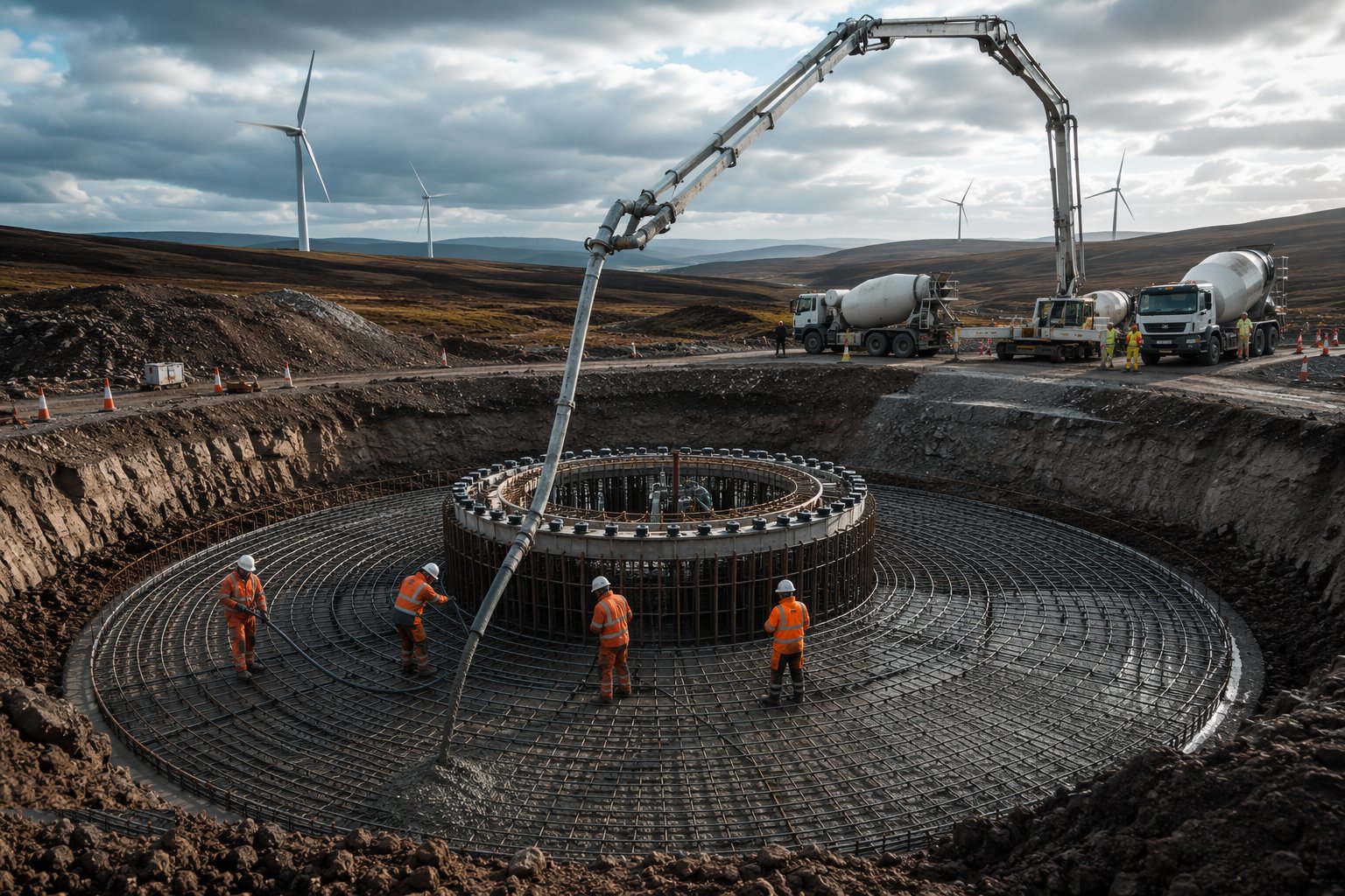 Pour the concrete in one continuous operation — Wind Turbine Foundations, step 5