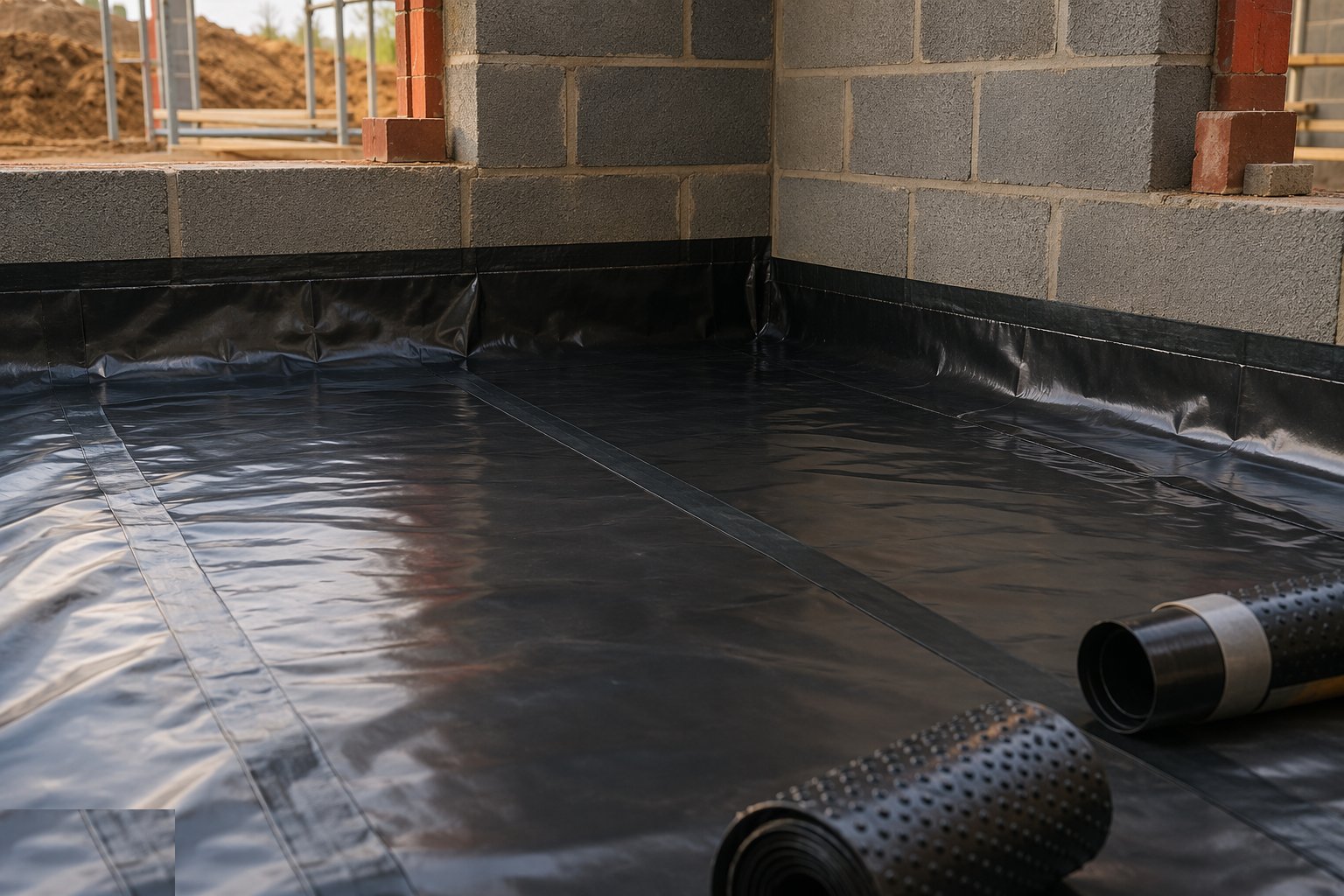 Lay the DPM and turn it up at the edges — Damp Proofing — DPC, DPM and Cavity Trays, step 2