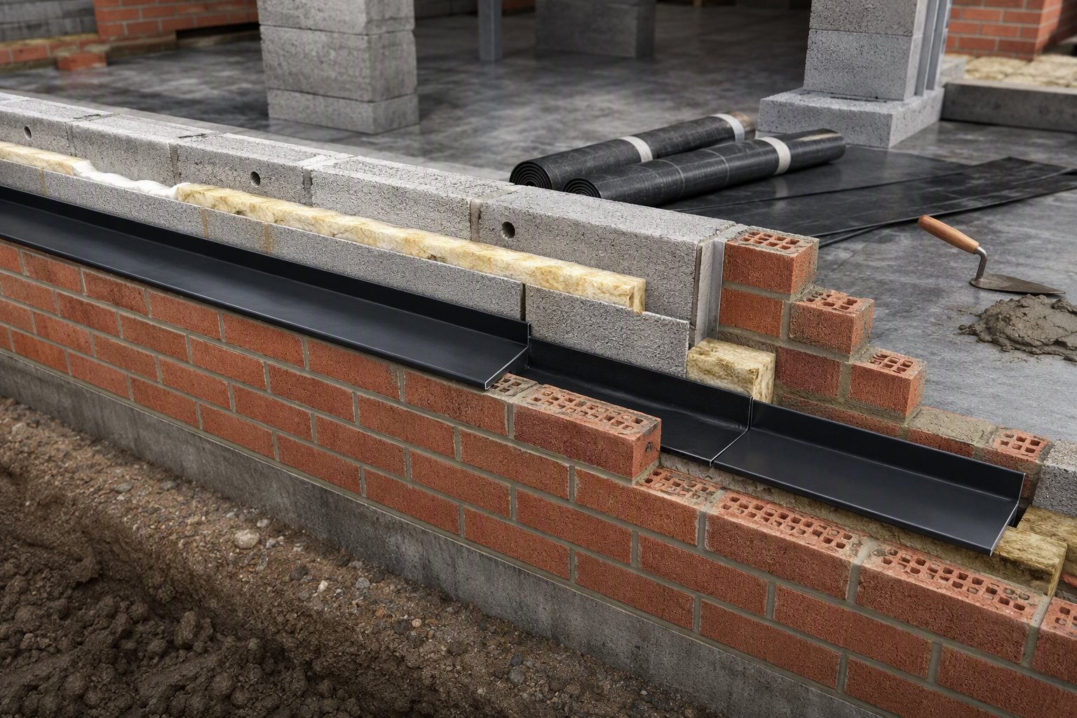 Build in cavity trays with stop ends and weeps — Damp Proofing — DPC, DPM and Cavity Trays, step 4