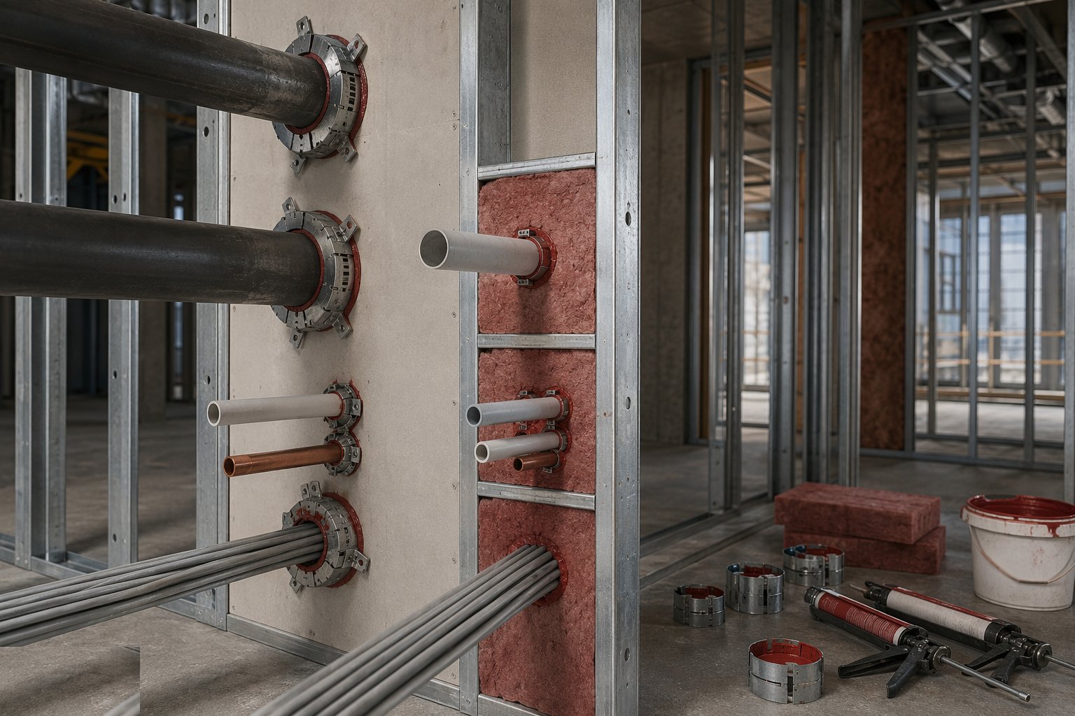 Install penetration seals as each service passes — Firestopping and Passive Fire Protection, step 4
