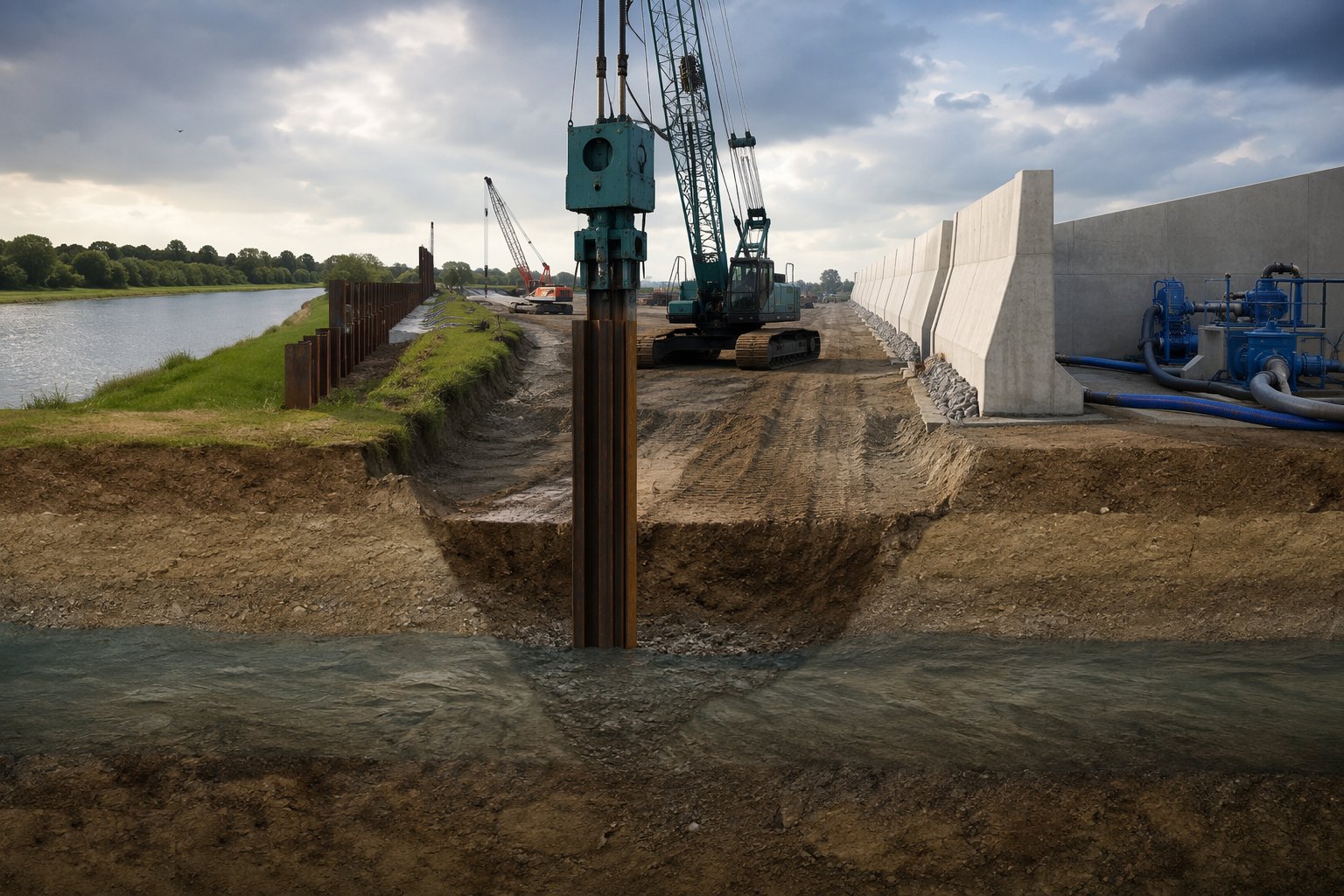 Install the cut-off: sheet piles or core trench — Flood Defence Construction, step 2
