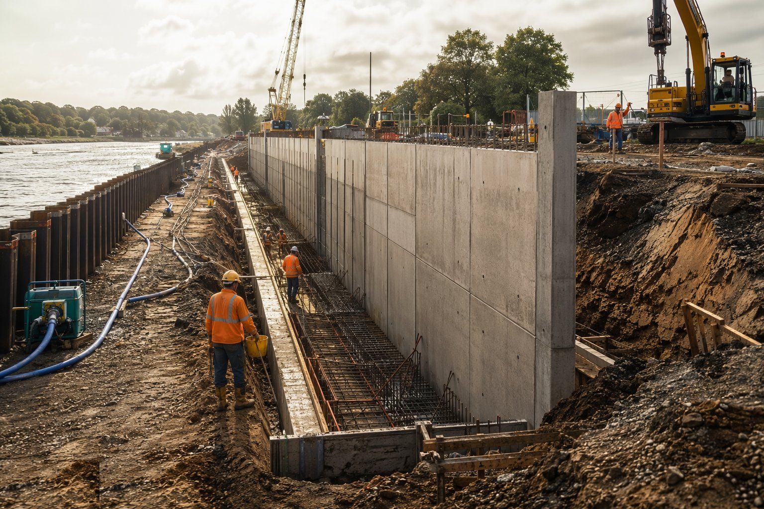 Excavate and cast the concrete walls — Flood Defence Construction, step 3
