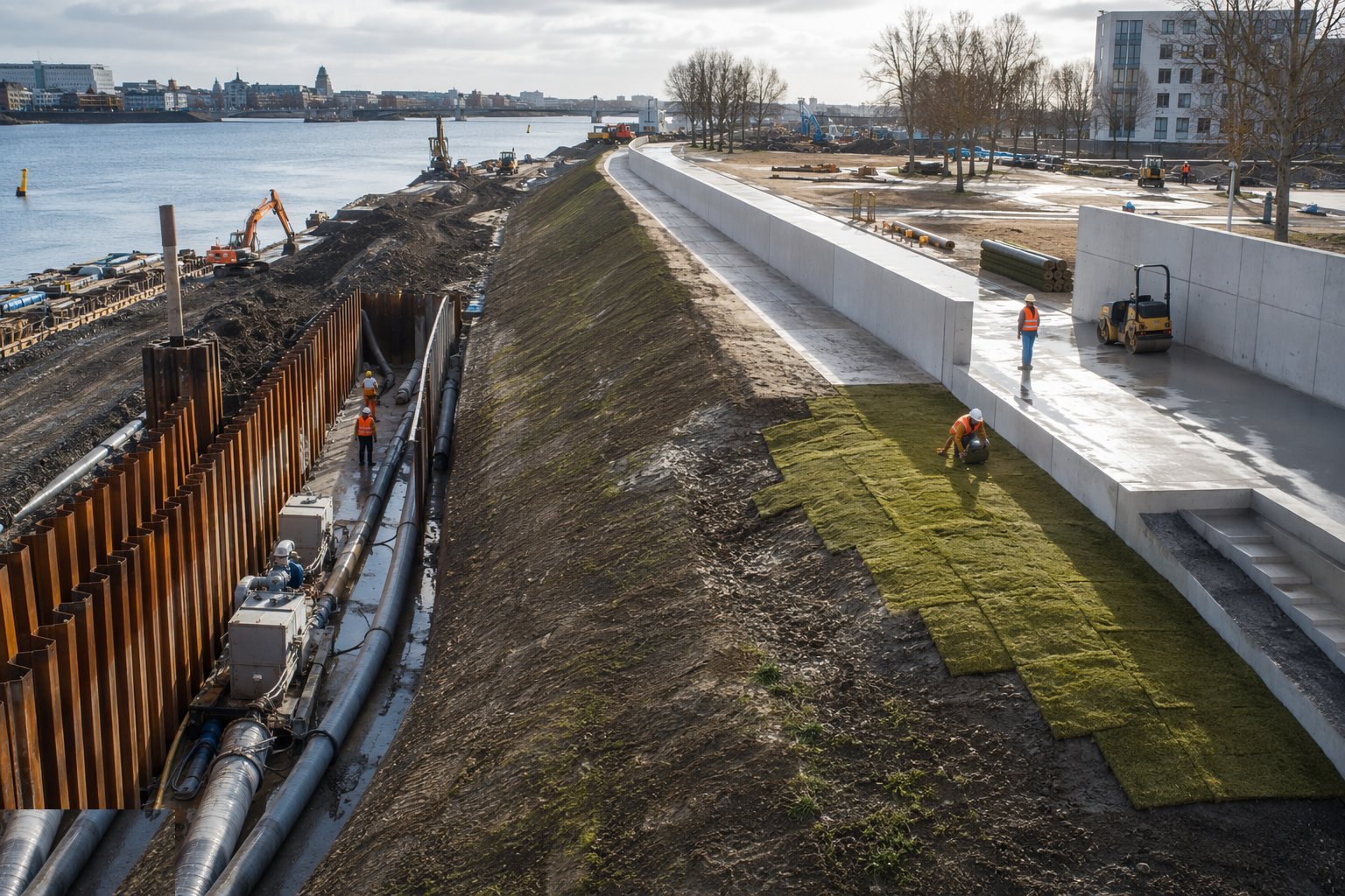 Drain, protect and finish the defence line — Flood Defence Construction, step 6