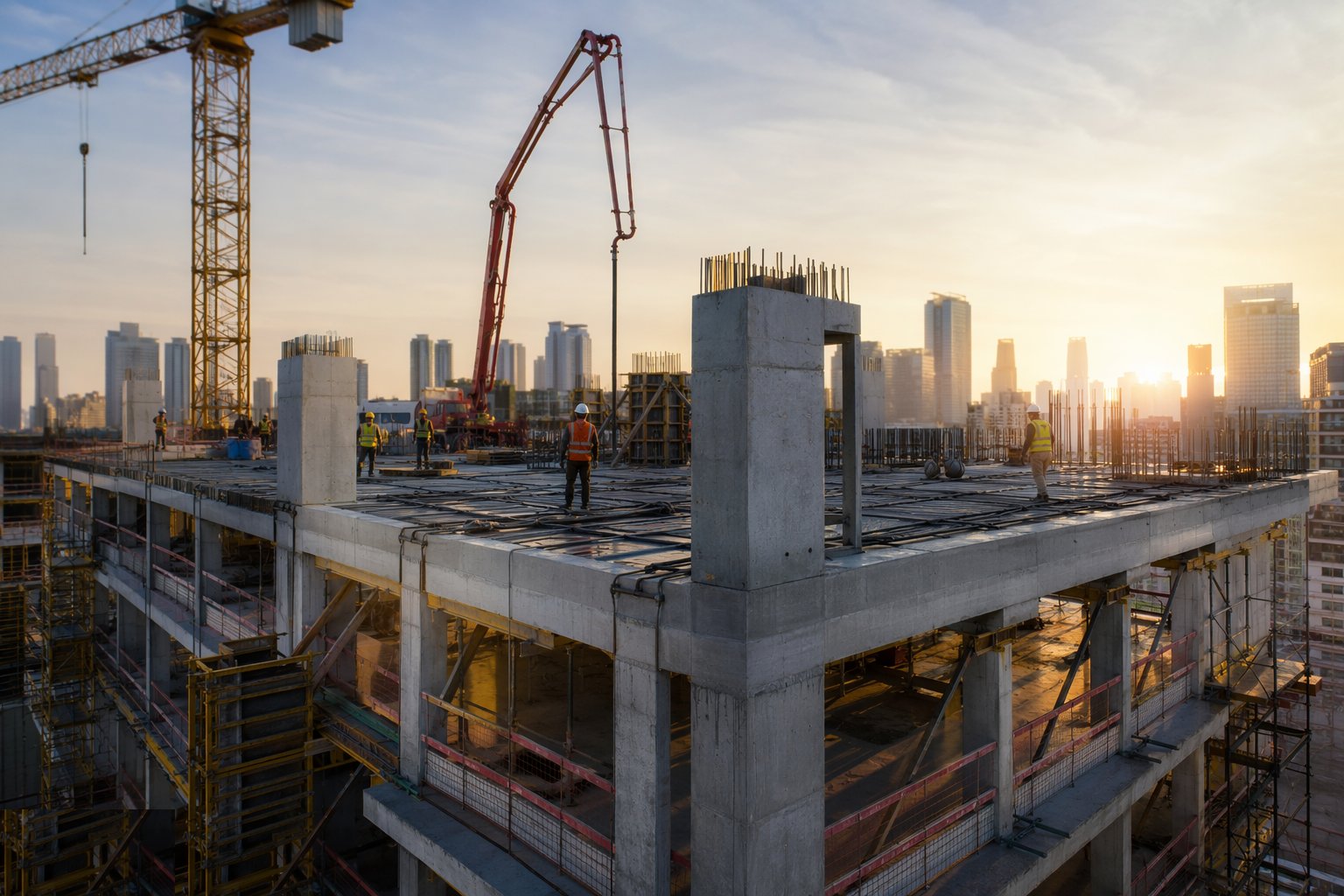 Stress post-tensioning where designed — Concrete Frame Construction, step 8
