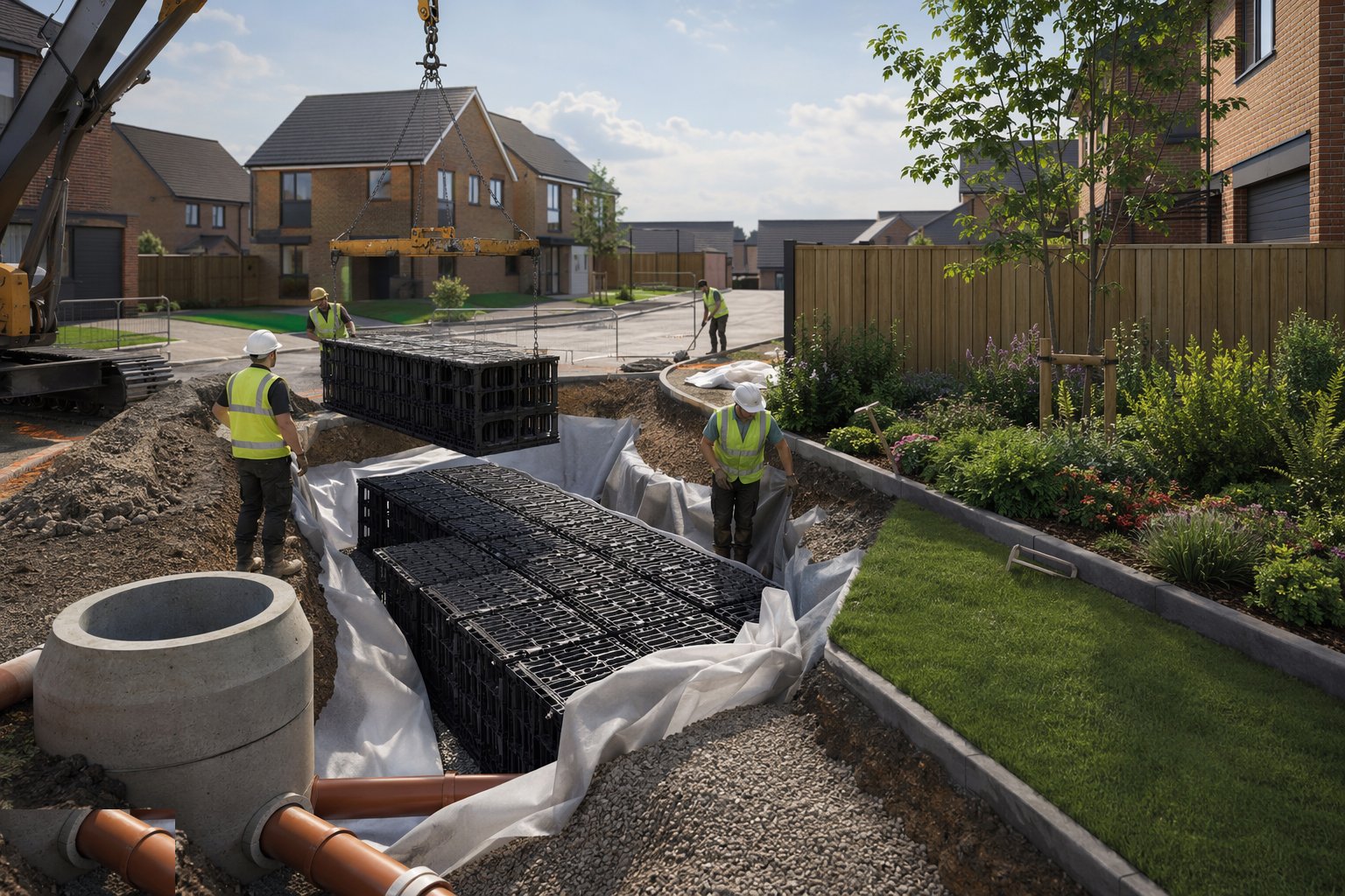 Install attenuation and SuDS features — External Works & Landscaping, step 2
