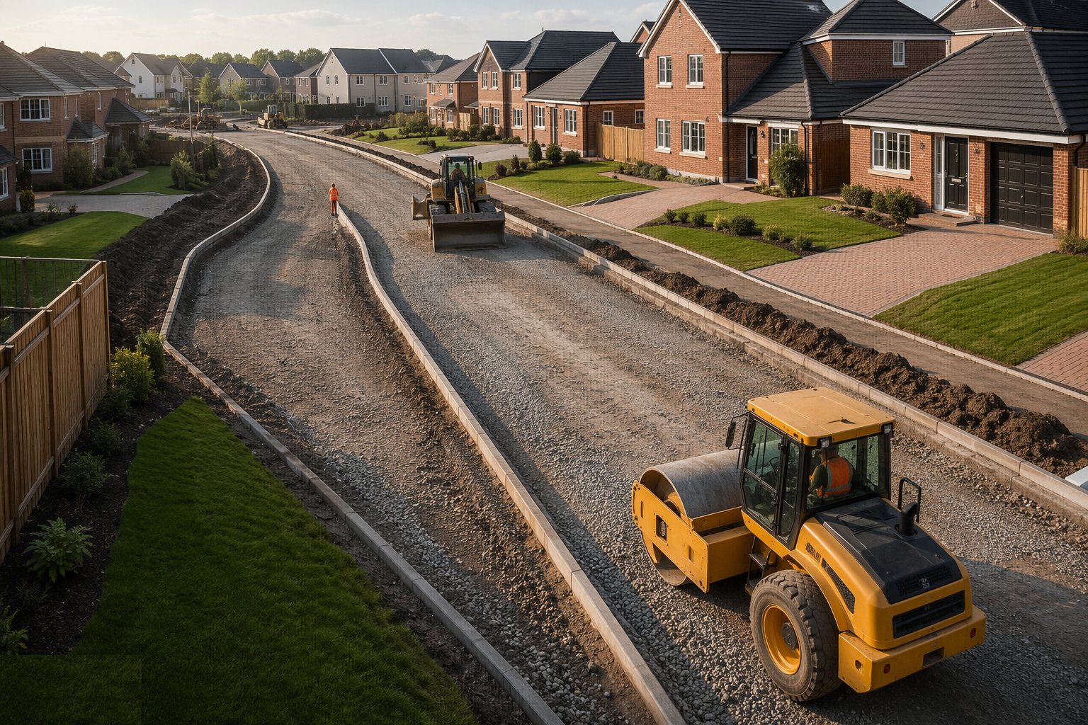 Build the roads and pavements to base course — External Works & Landscaping, step 3