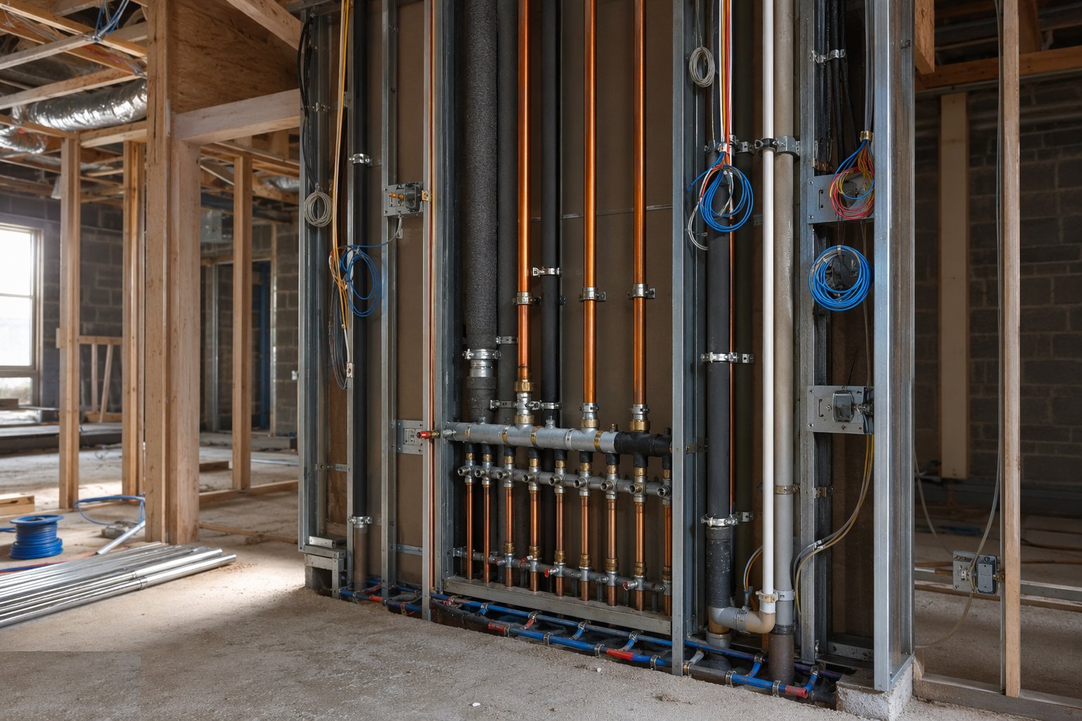 Install the risers and main distribution — MEP First Fix, step 3