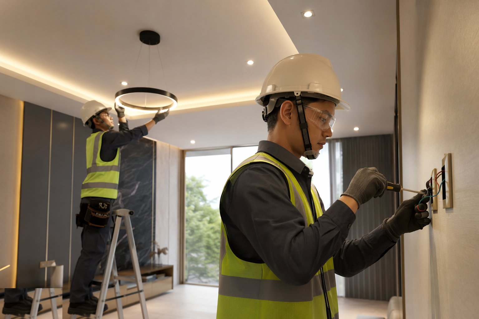 Dress the electrical accessories and luminaires — MEP Second Fix & Commissioning, step 2