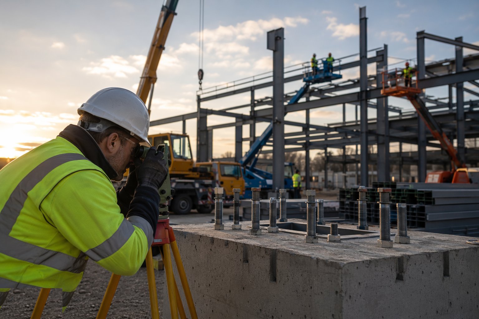 Survey and accept the holding-down bolts — Steel Frame Construction, step 1