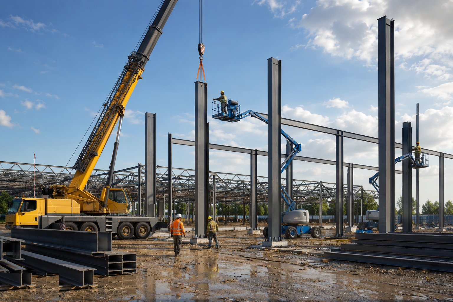 Erect columns and plumb the frame — Steel Frame Construction, step 3
