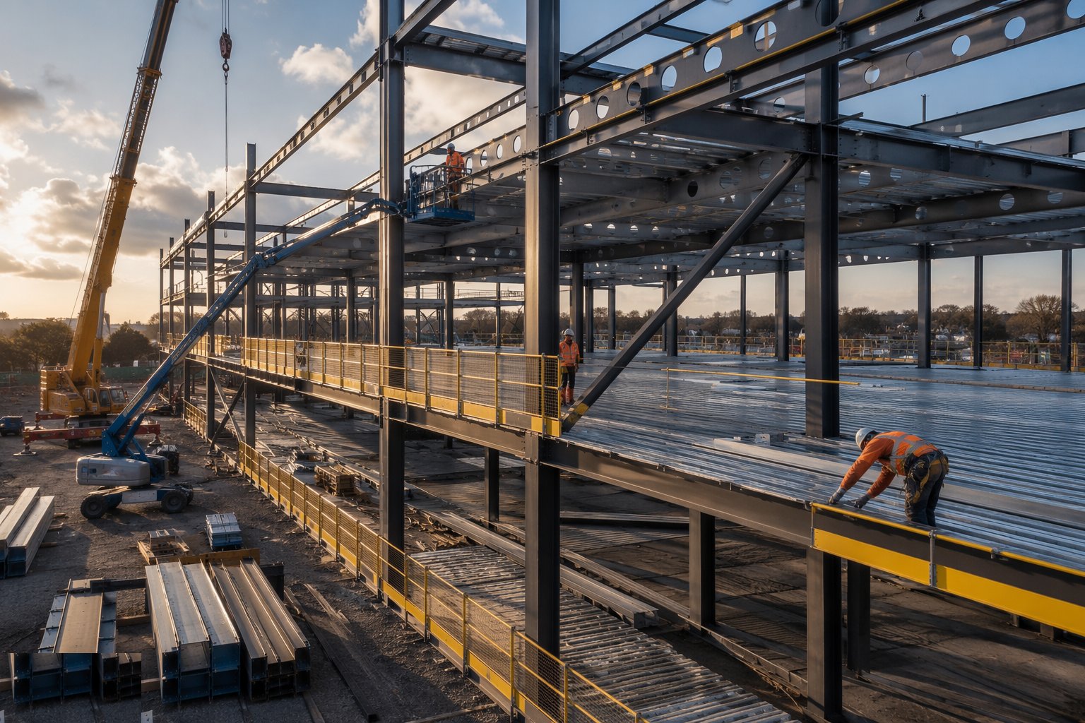 Lay metal decking and edge protection — Steel Frame Construction, step 6
