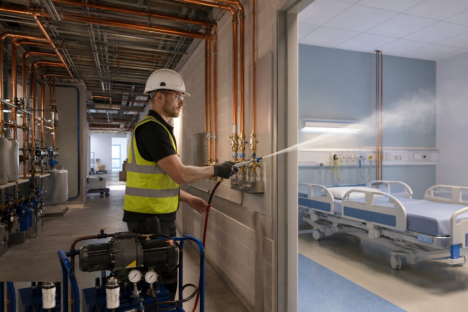 Blow down, pressure test and prove the pipeline — Medical Gas Pipeline Systems (MGPS), step 5