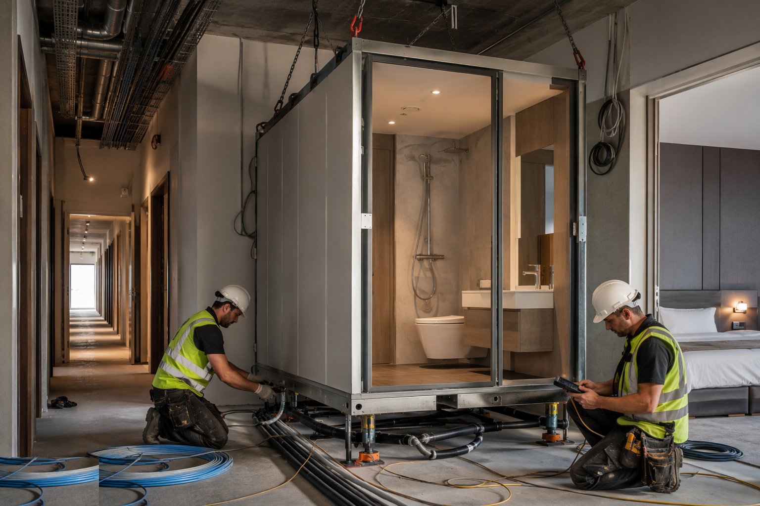 Set down, connect and test the pods — Hotel Bedroom Fit-Out & FF&E, step 3