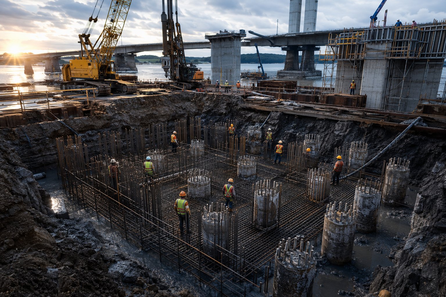 Break down pile heads and construct the pile caps — Bridge Foundations & Substructure, step 4