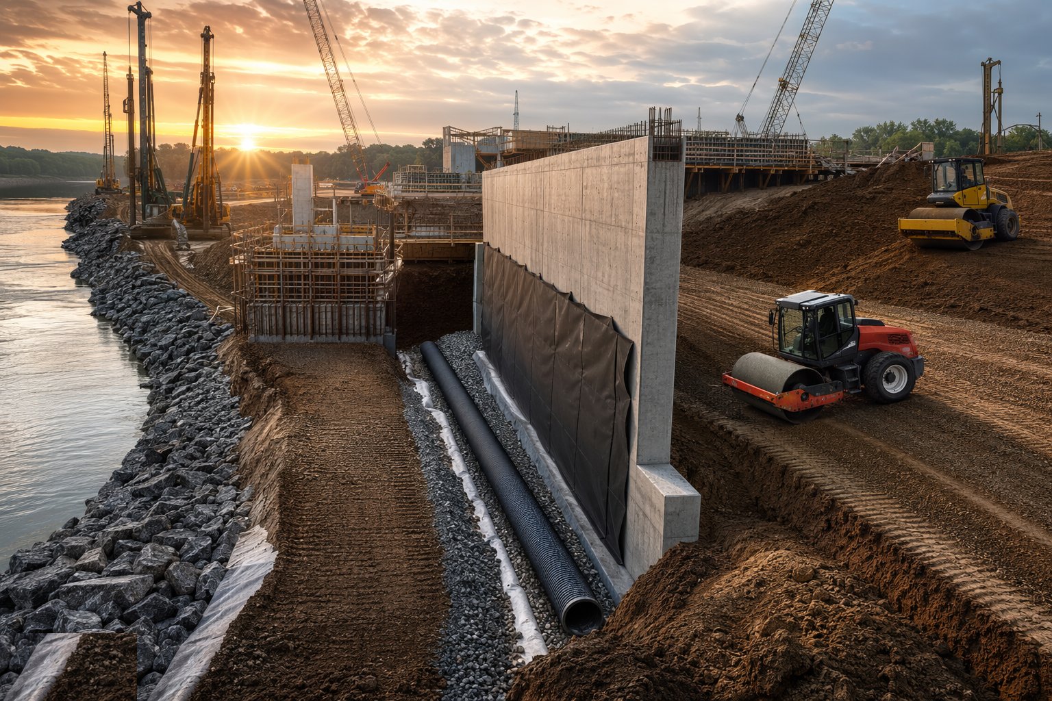 Backfill, drain and waterproof behind the abutments — Bridge Foundations & Substructure, step 7