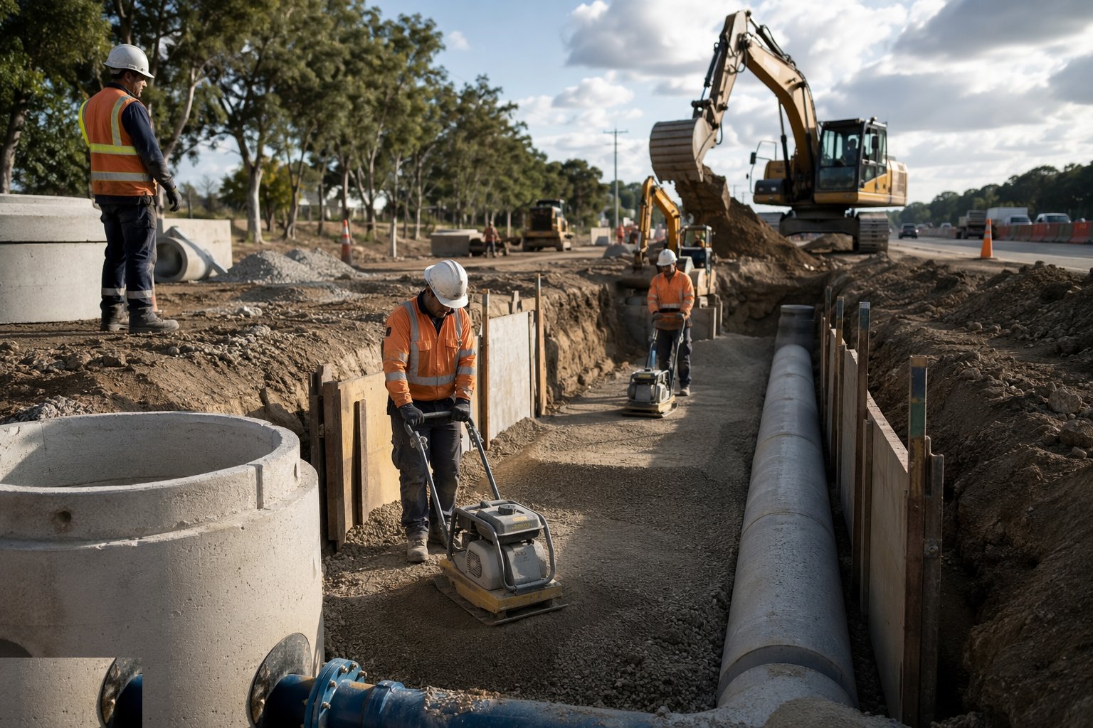 Backfill and compact in layers — Drainage & Utility Corridors, step 6