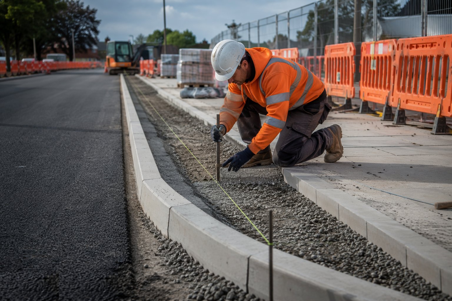 Set out the kerb lines and levels — Kerbs, Footways & Road Furniture, step 1
