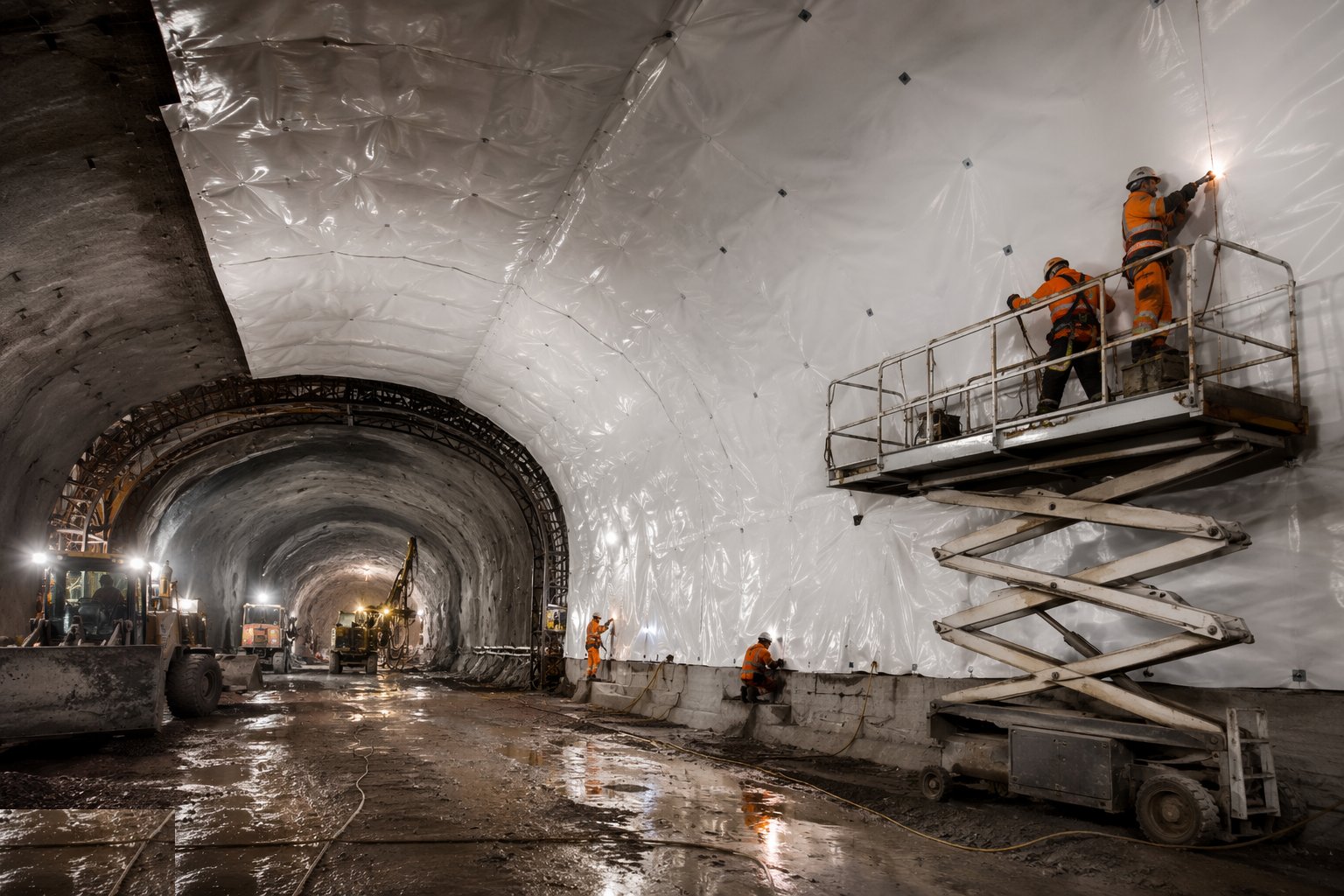 Install the waterproofing membrane (two-pass SCL) — SCL & Drill-and-Blast Tunnelling, step 5