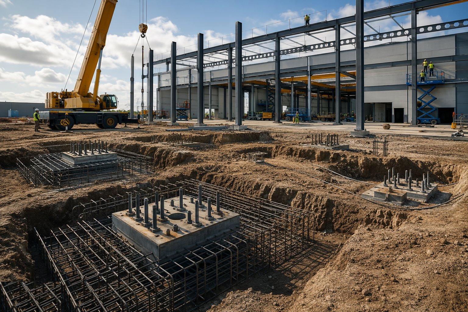 Foundations, crane bases and holding-down bolts — Factories & Production Buildings, step 1