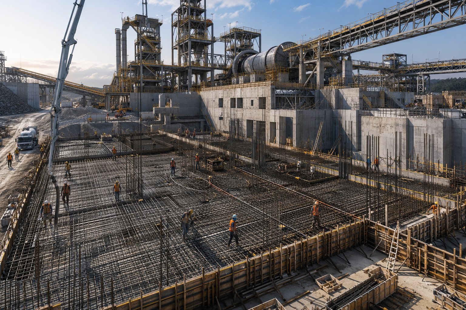 Build the mill foundations and concentrator structure — Mineral Processing Plant Construction, step 4