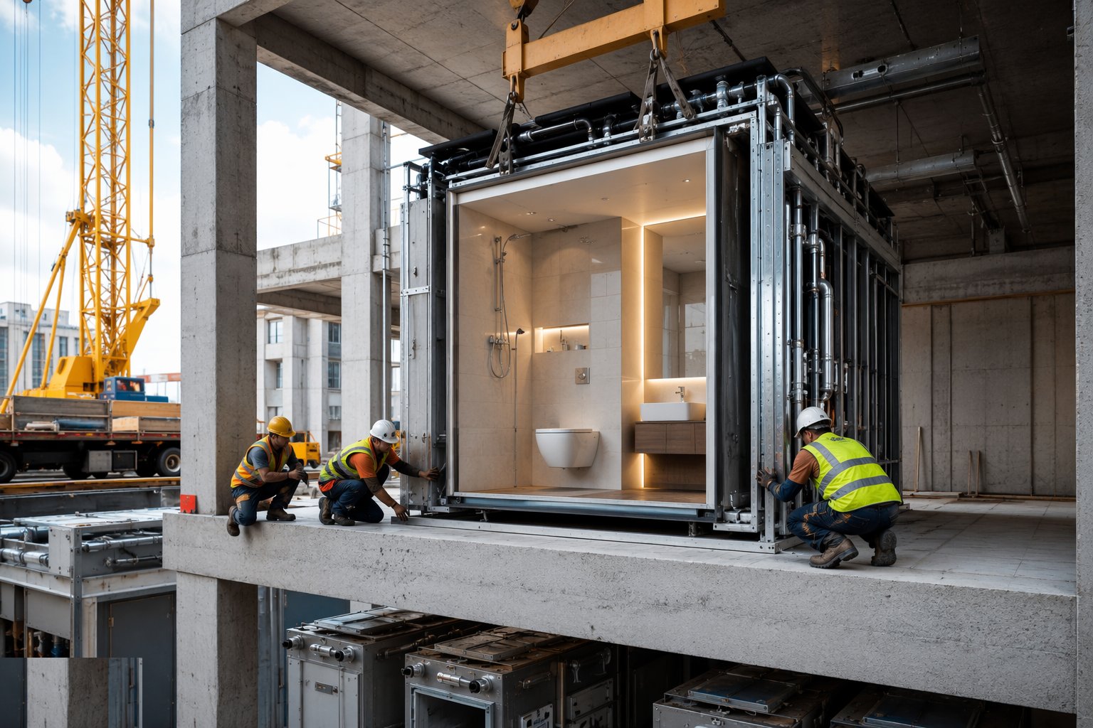 Verify slab level and position before the lorry leaves — Bathroom Pods, Riser and Plant Modules, step 3