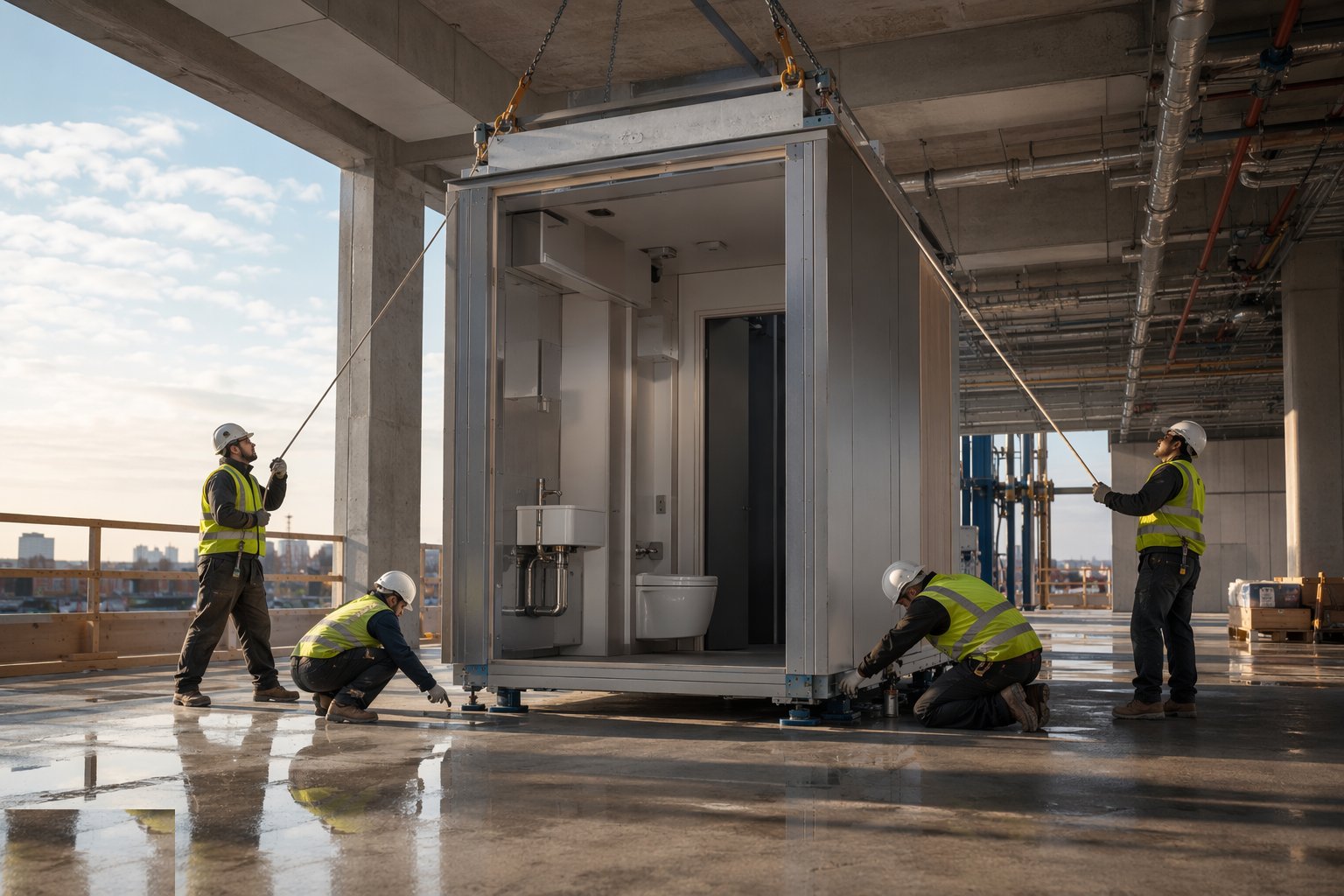 Lift, land and set down to the line — Bathroom Pods, Riser and Plant Modules, step 5