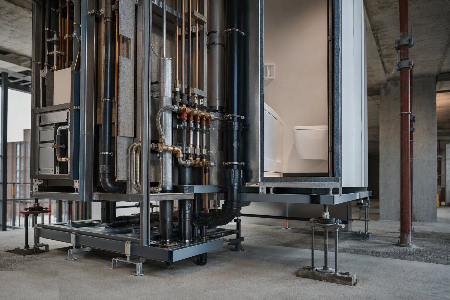 Make the connections — water, waste, power, ventilation — Bathroom Pods, Riser and Plant Modules, step 6