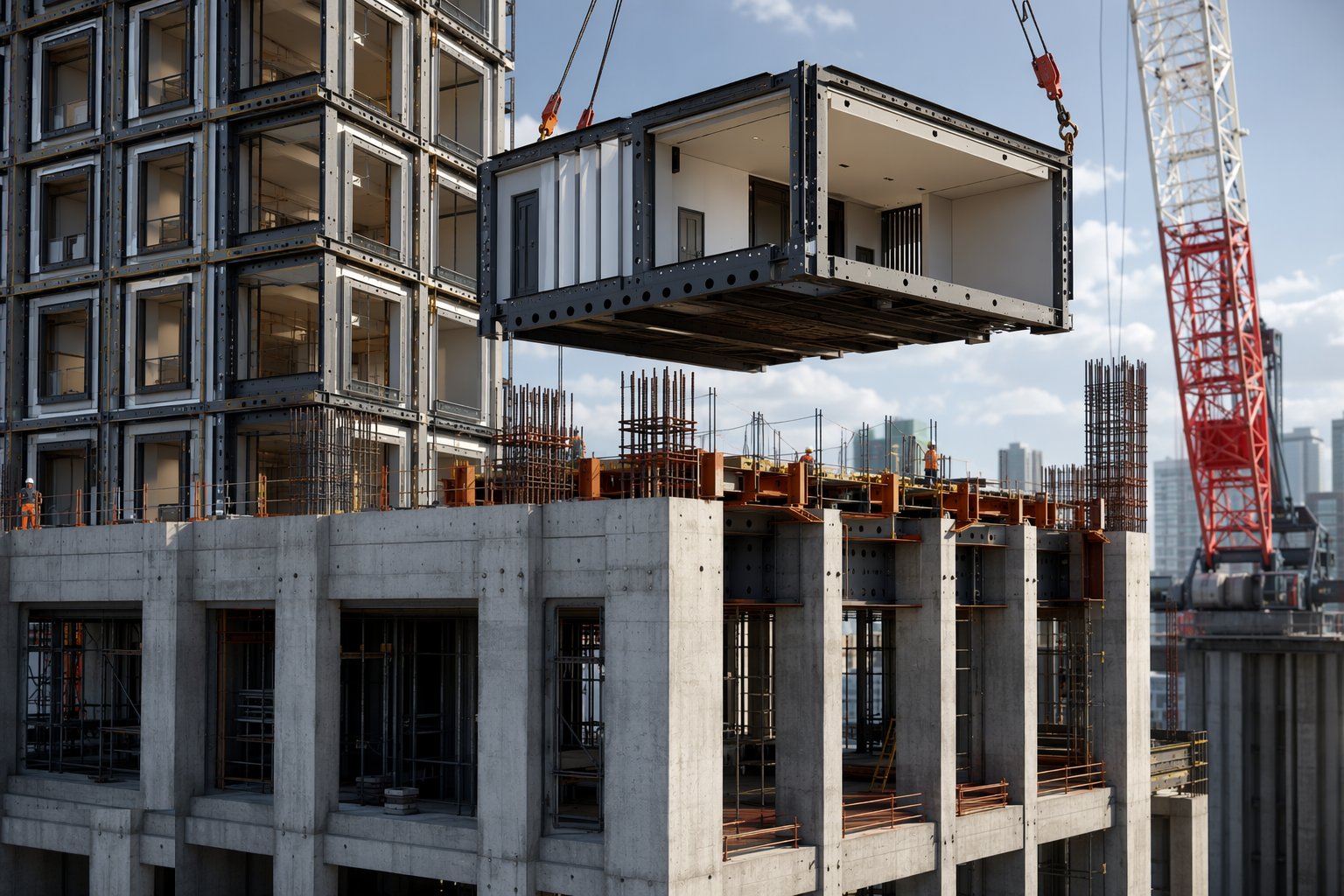 Design the transfer structure for the real loads and the real tolerances — Hybrid MMC — Modules on Podiums, Precast on Cores, step 2