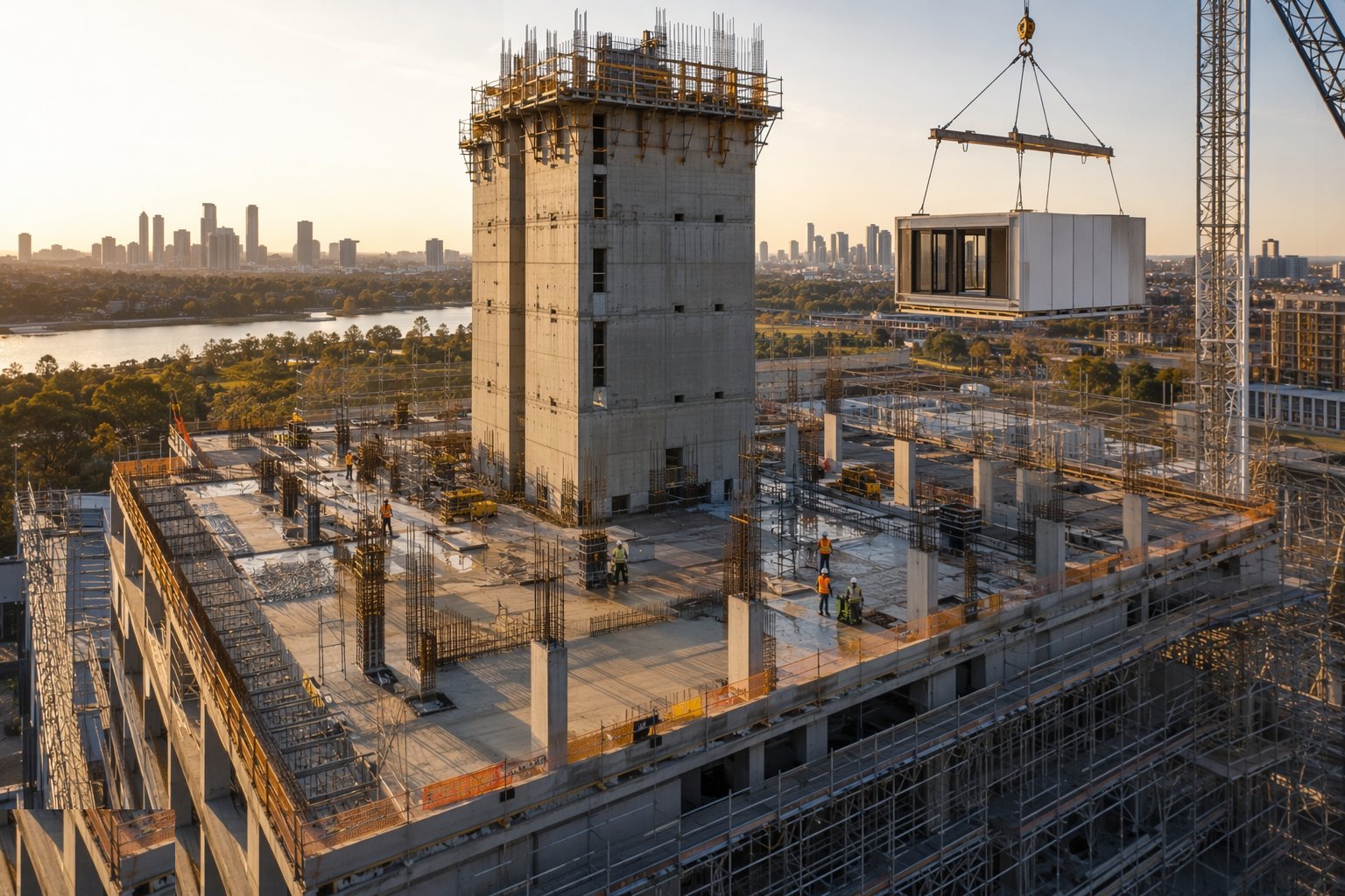Build the slower system first and prove its geometry — Hybrid MMC — Modules on Podiums, Precast on Cores, step 3