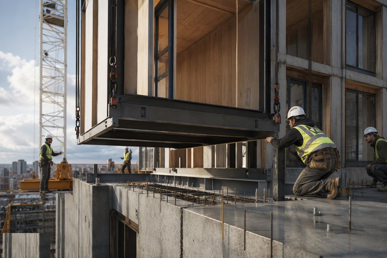 Reconcile tolerances at the landing before the lift — Hybrid MMC — Modules on Podiums, Precast on Cores, step 4