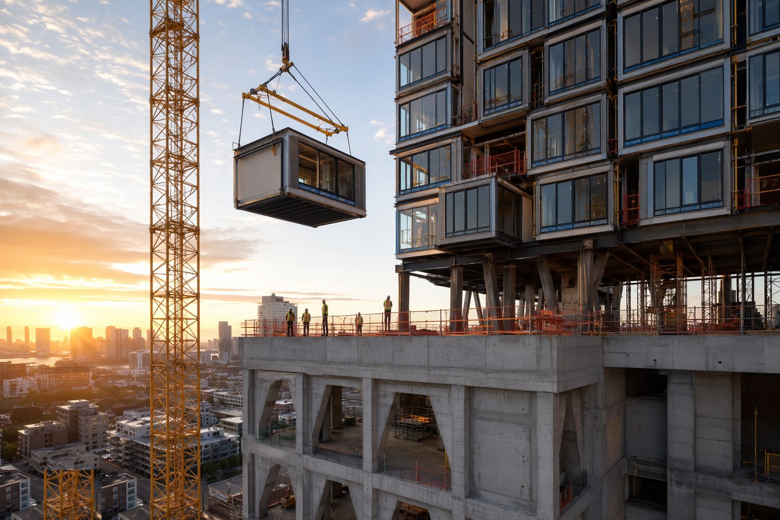 Erect the fast system to the verified base — Hybrid MMC — Modules on Podiums, Precast on Cores, step 5