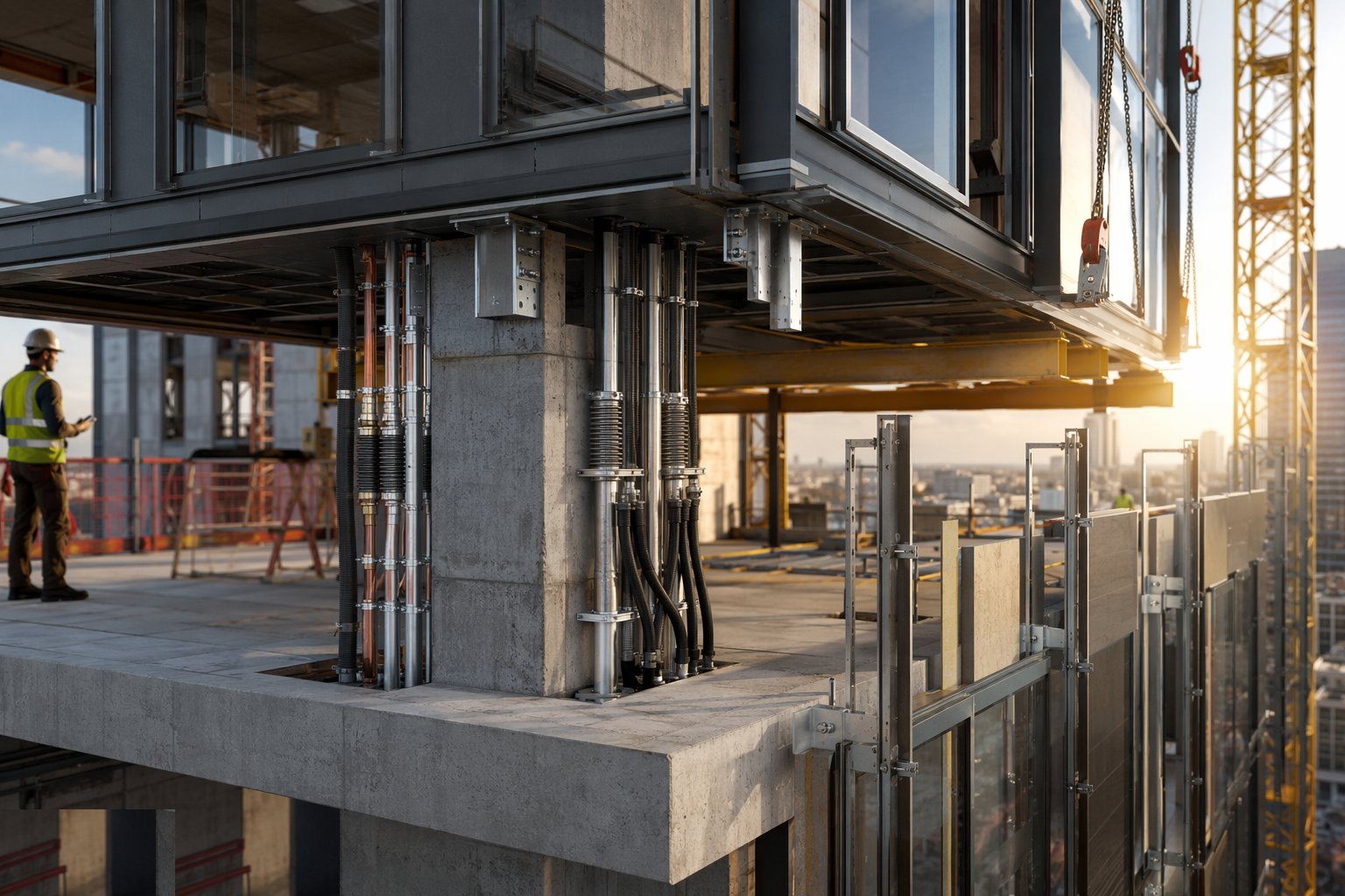 Detail and build the movement joints between systems — Hybrid MMC — Modules on Podiums, Precast on Cores, step 6