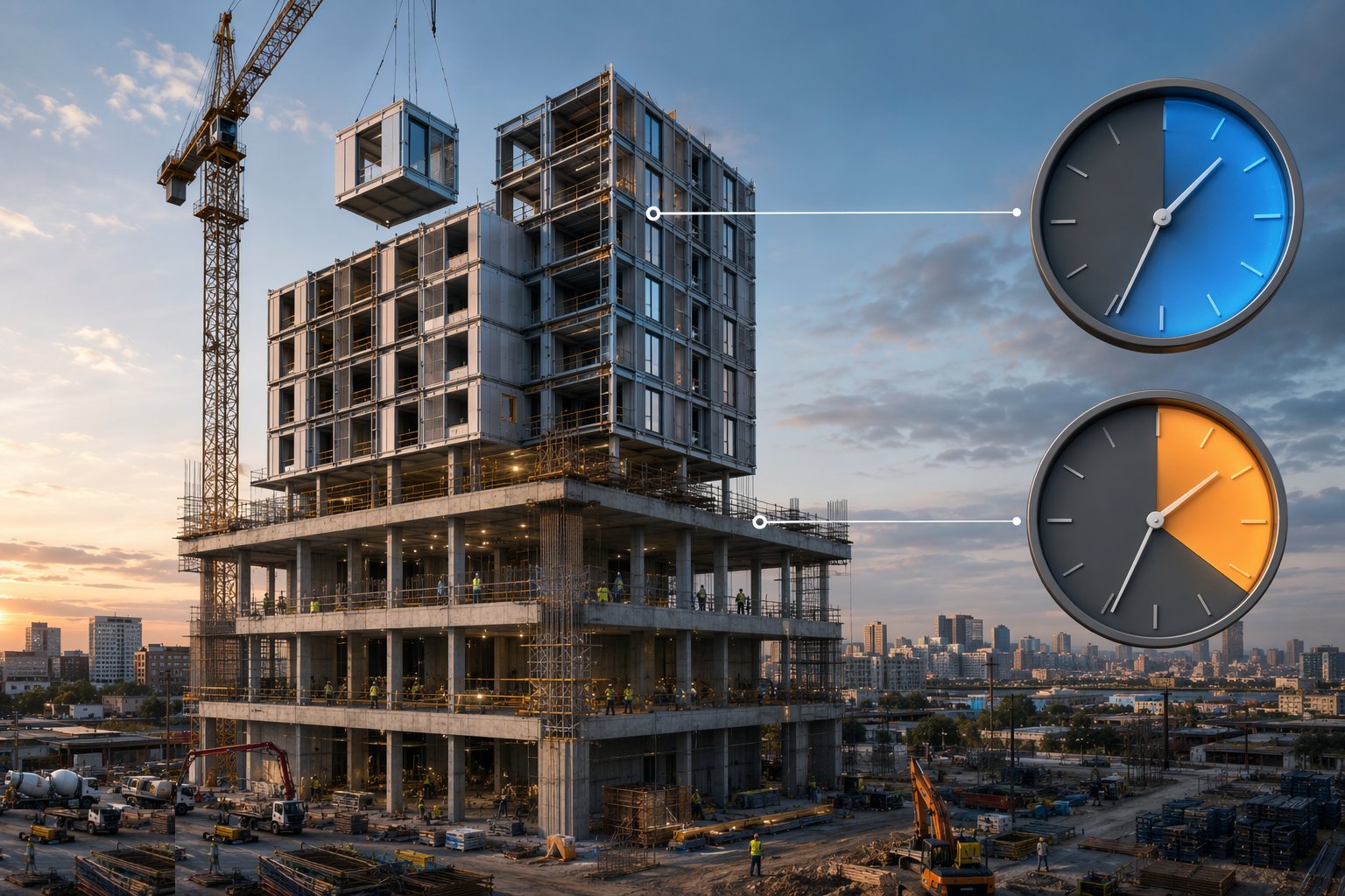 Sequence the two clocks deliberately — Hybrid MMC — Modules on Podiums, Precast on Cores, step 7