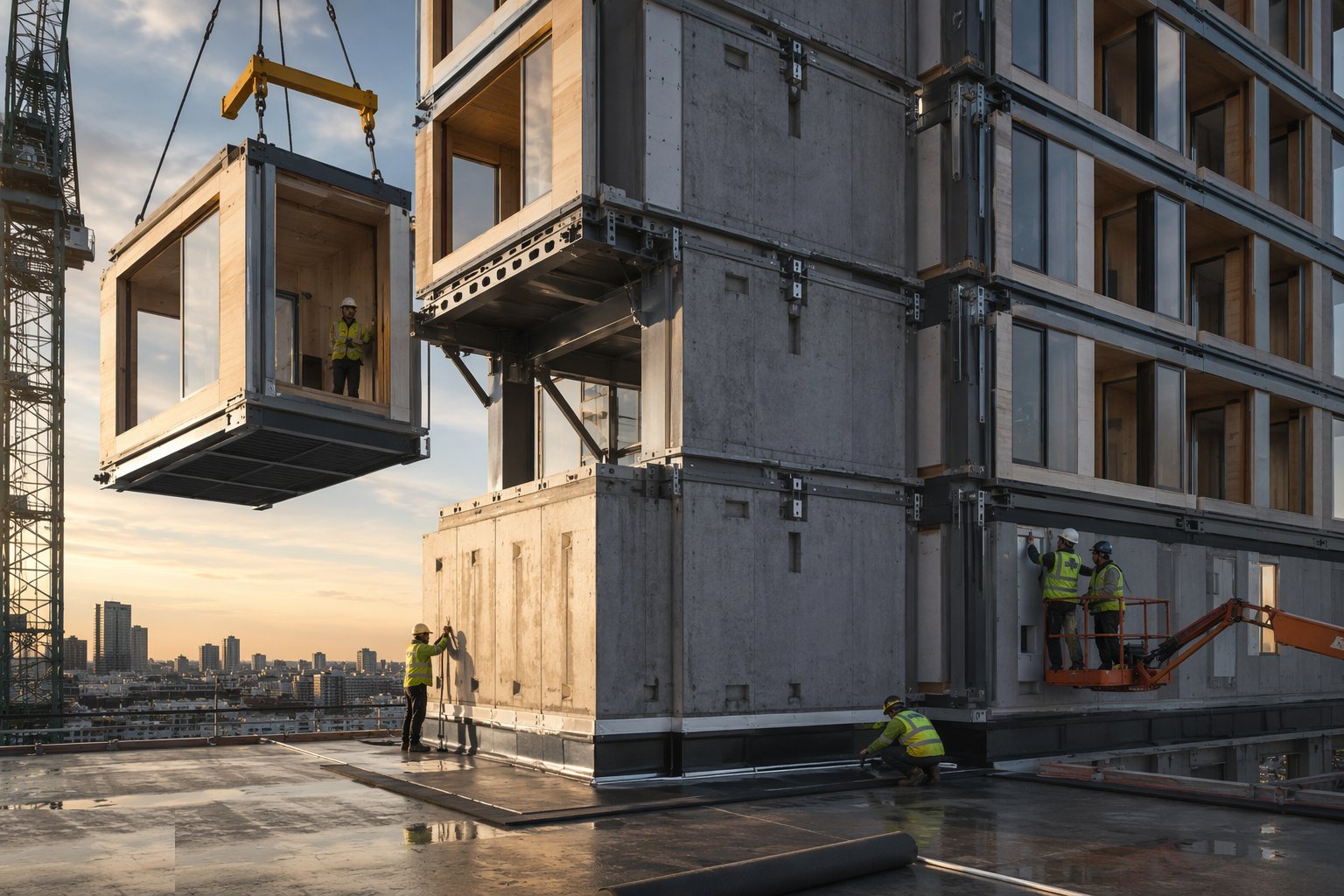 Close the interfaces and prove them at handover — Hybrid MMC — Modules on Podiums, Precast on Cores, step 8