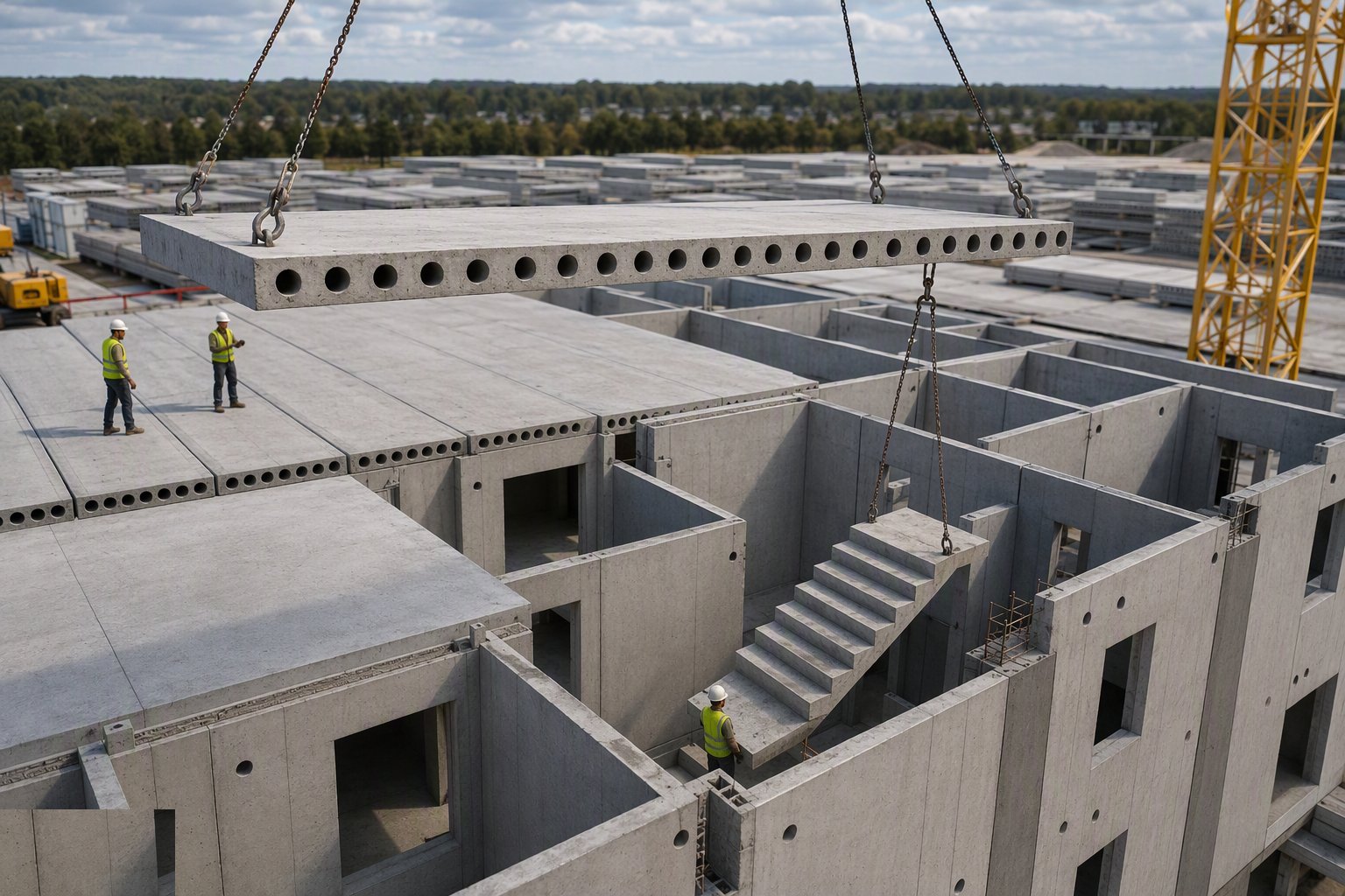 Land floors, stairs and shafts on the wall plates — Precast Concrete Structures, step 5