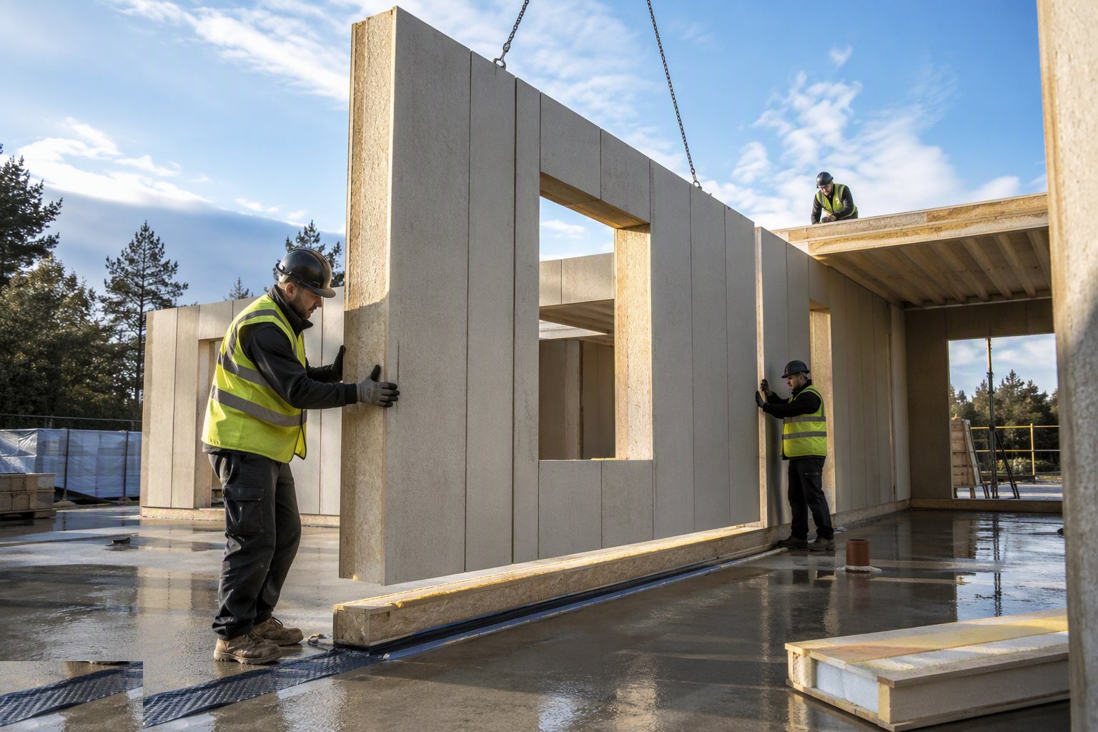 Erect the wall panels with joints sealed as you go — SIPs, Floor and Roof Cassettes, step 3