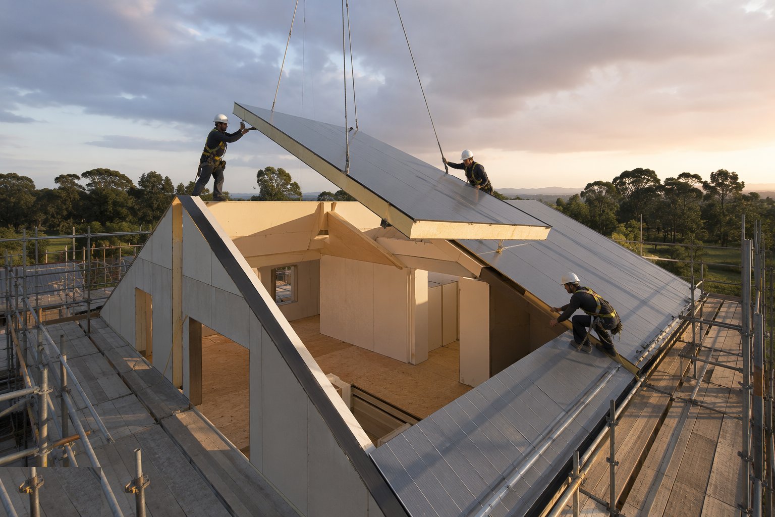 Land the roof — panels or cassettes — and close the ridge — SIPs, Floor and Roof Cassettes, step 5