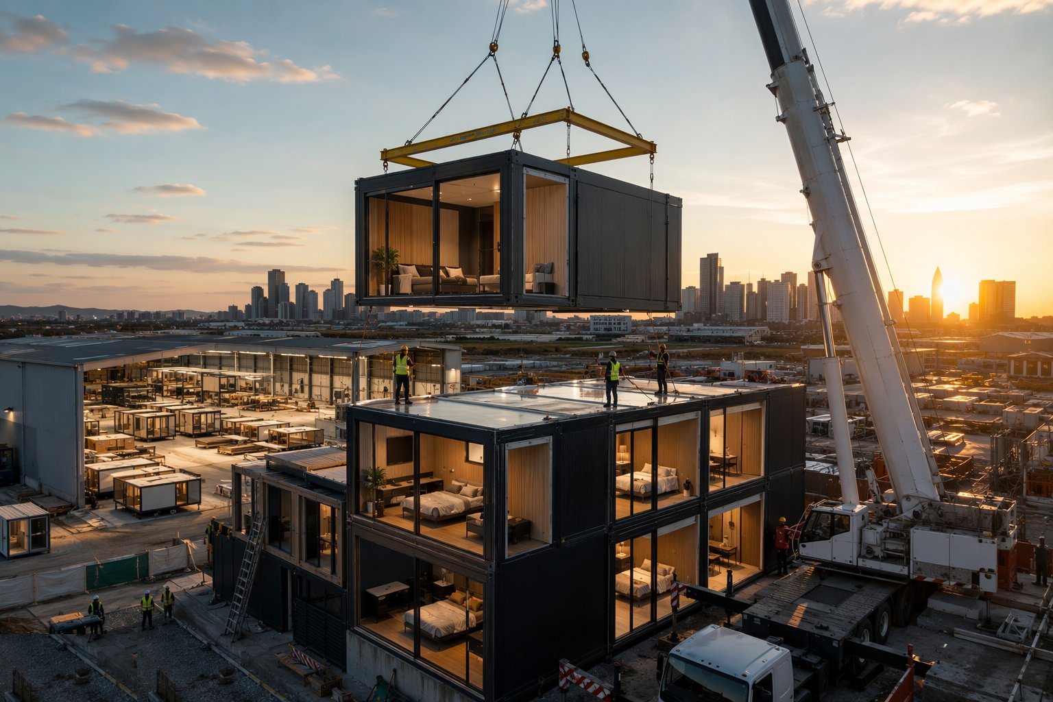 Lift, set and connect — the install sequence — Volumetric Modular Construction, step 5