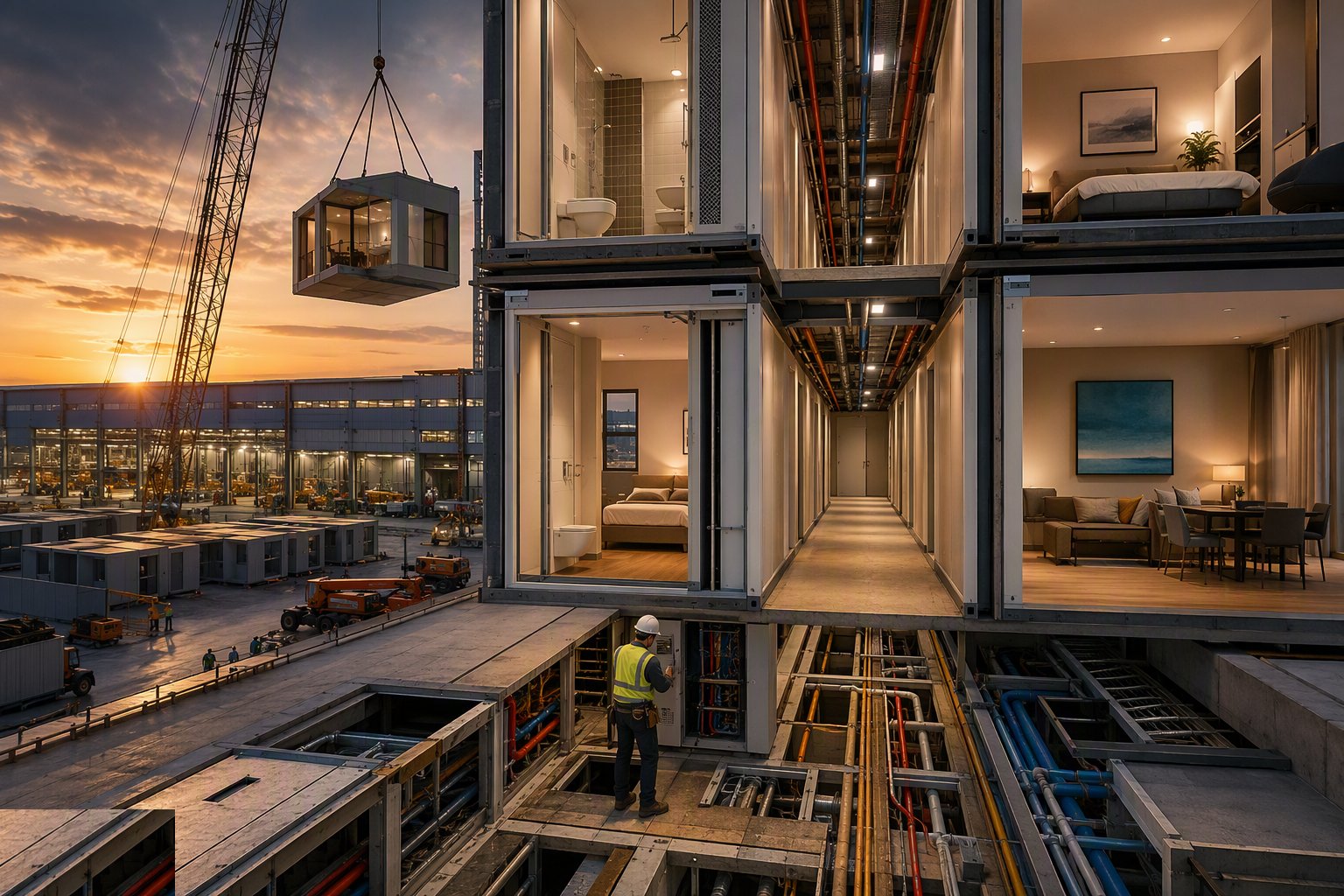 Close the interfaces — MEP crossovers, corridors and fire-stopping — Volumetric Modular Construction, step 7