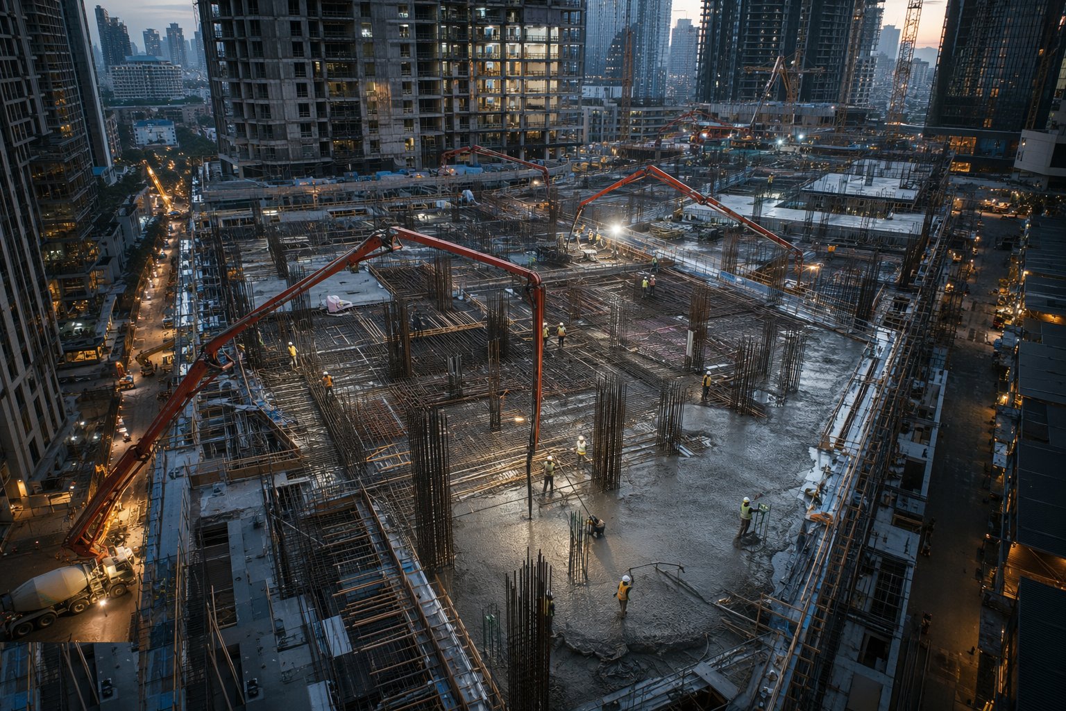 Cast the transfer structure — mass concrete discipline — Podium & Tower Construction, step 3