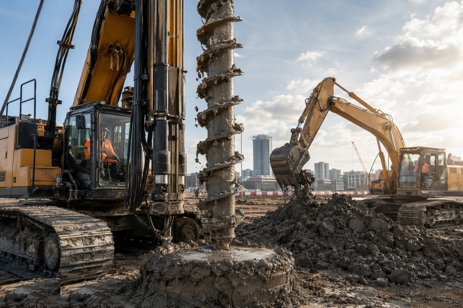 Lift the auger at the matched concrete rate — CFA — Continuous Flight Auger Piles, step 4