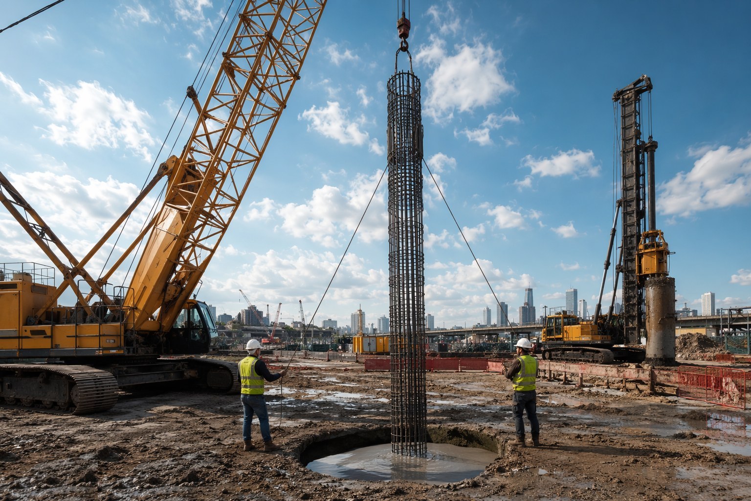 Clear spoil and insert the reinforcement cage — CFA — Continuous Flight Auger Piles, step 5