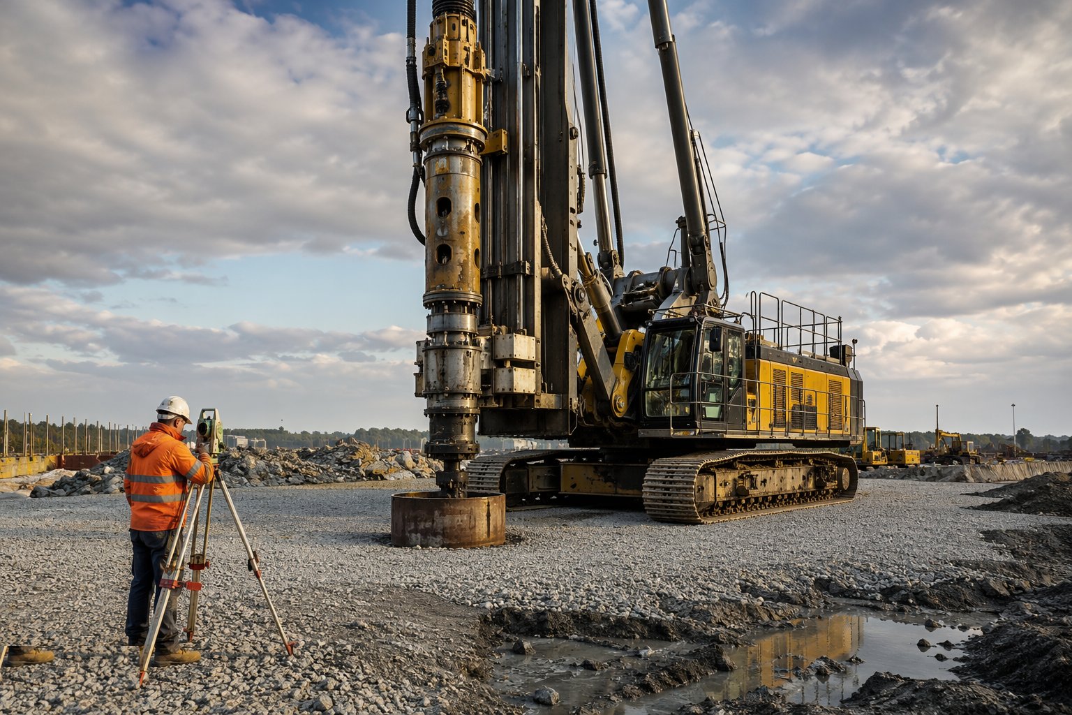 Set up on the casing and verify position — Rotary bored cast-in-situ piles, step 1