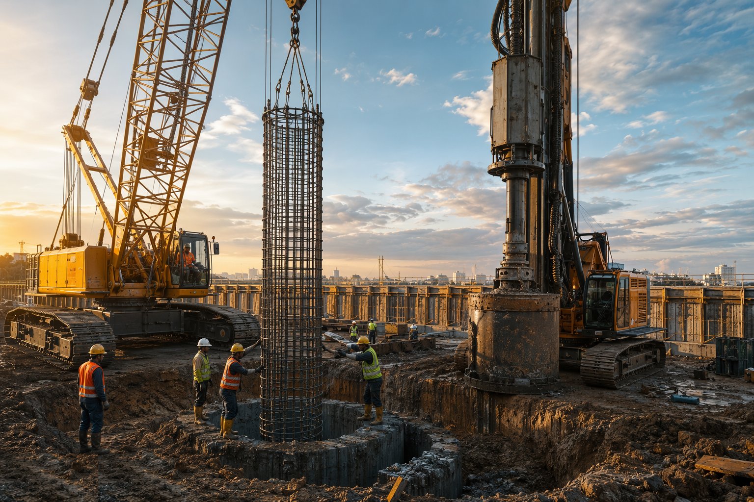 Lower the reinforcement cage — Rotary bored cast-in-situ piles, step 4