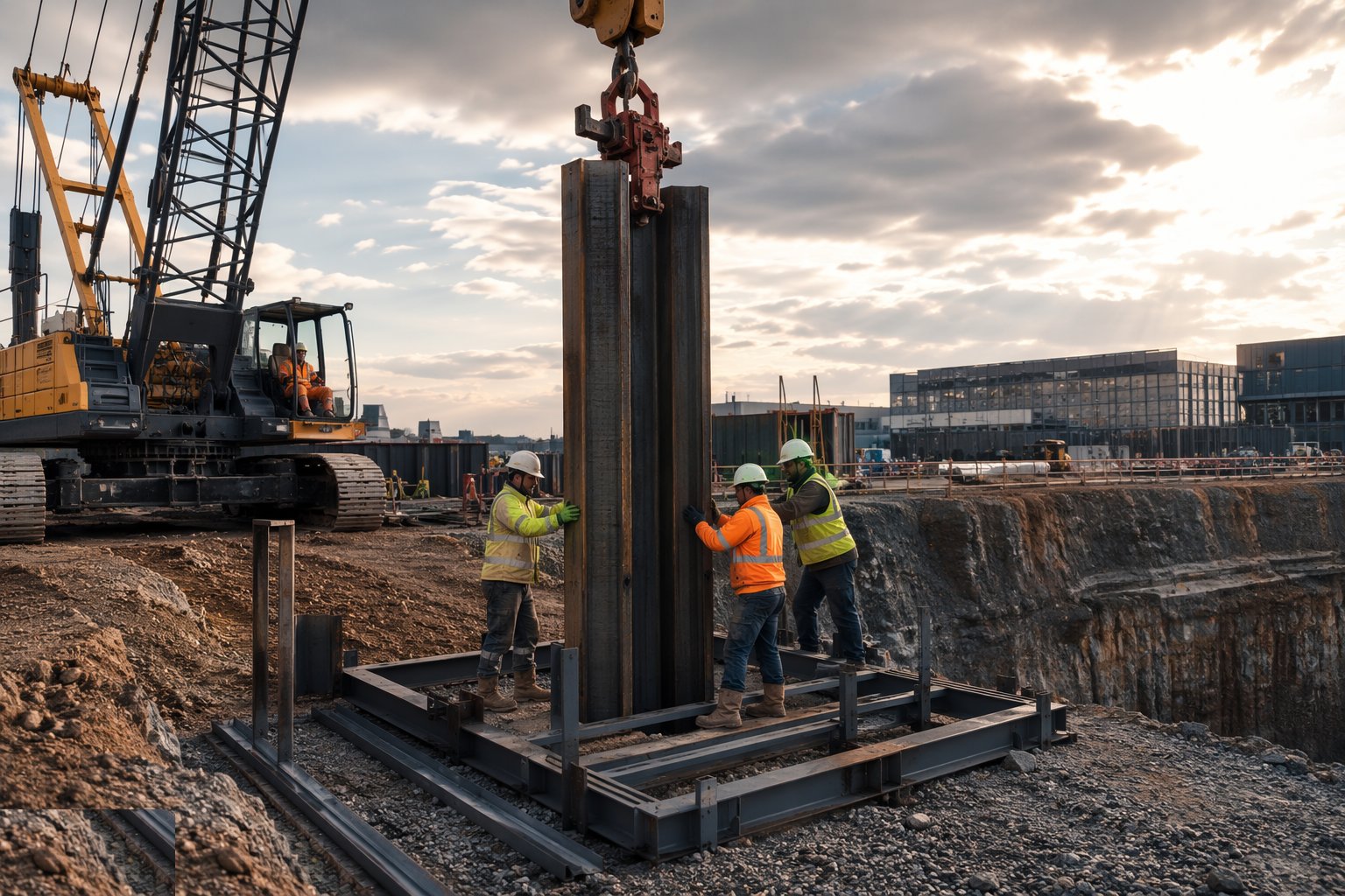 Set the guide frame and pitch the first sheets — Sheet piling, step 1